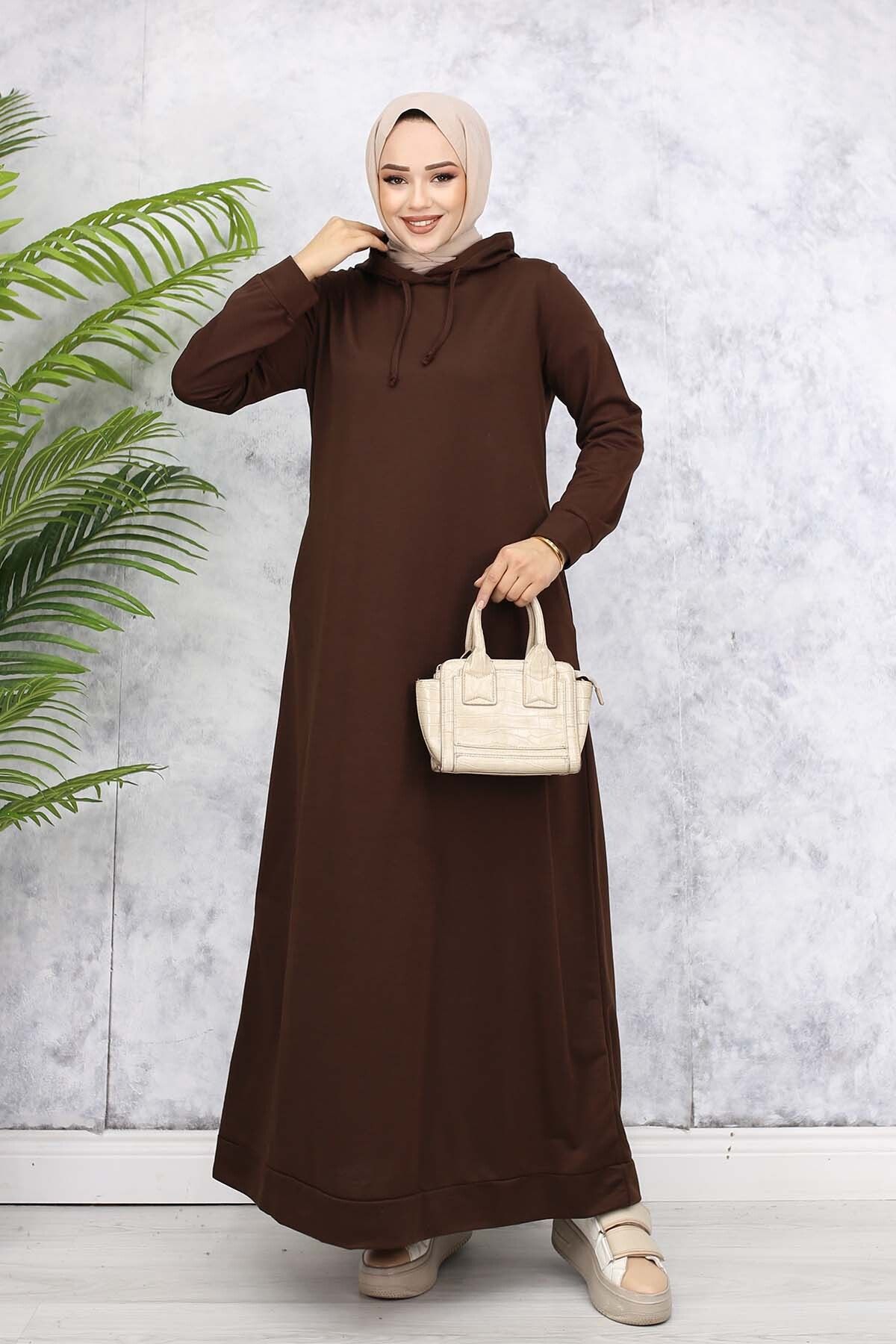 benguen-Brown Hooded Basic Dress - 5042 4