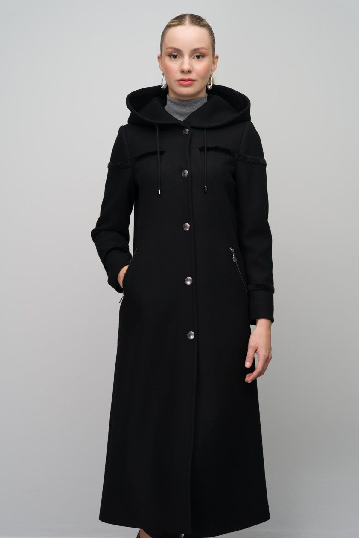 Olcay-Black Wool Blended Hooded Long Cap - Snap Closure 6631 1