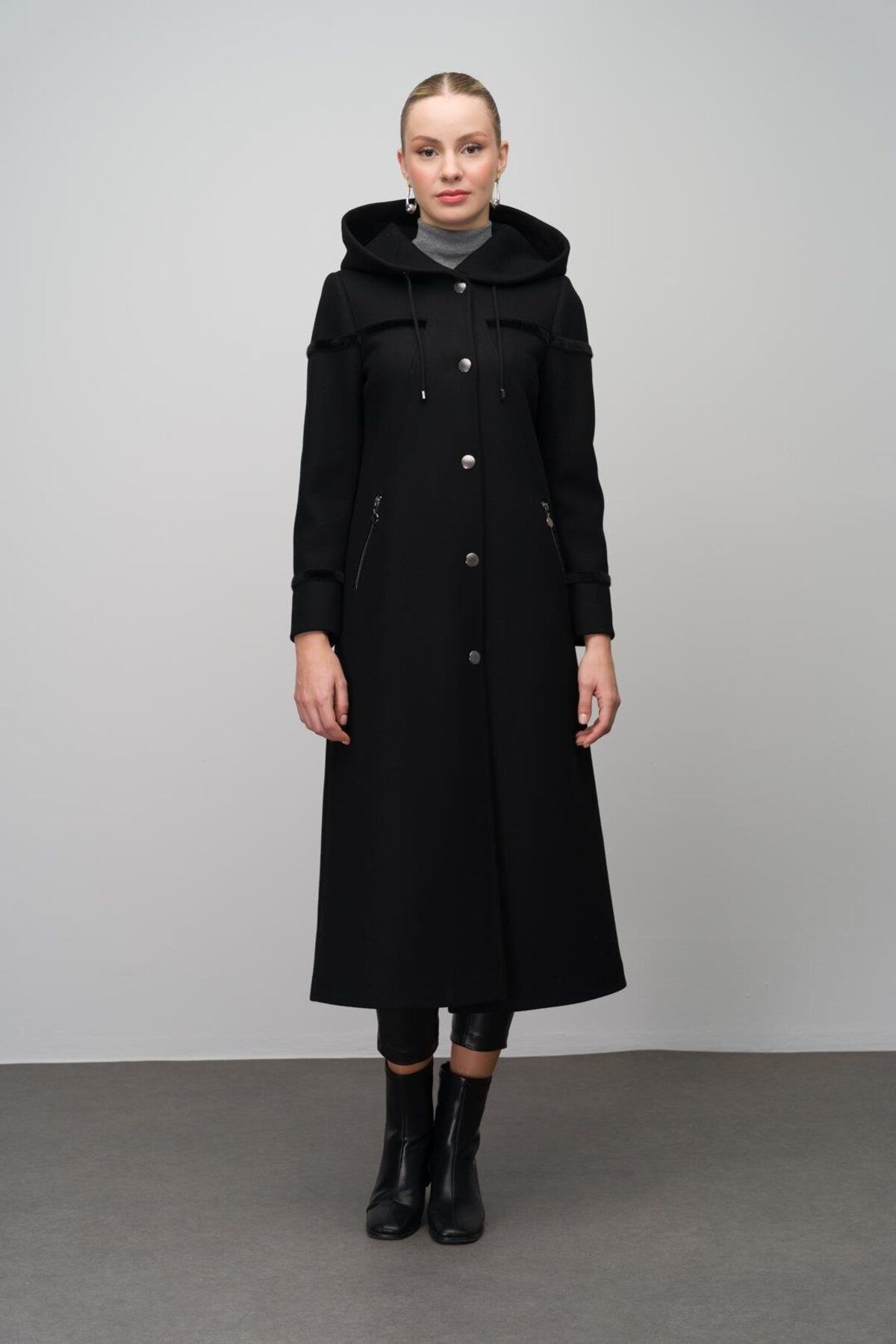 Olcay-Black Wool Blended Hooded Long Cap - Snap Closure 6631 2