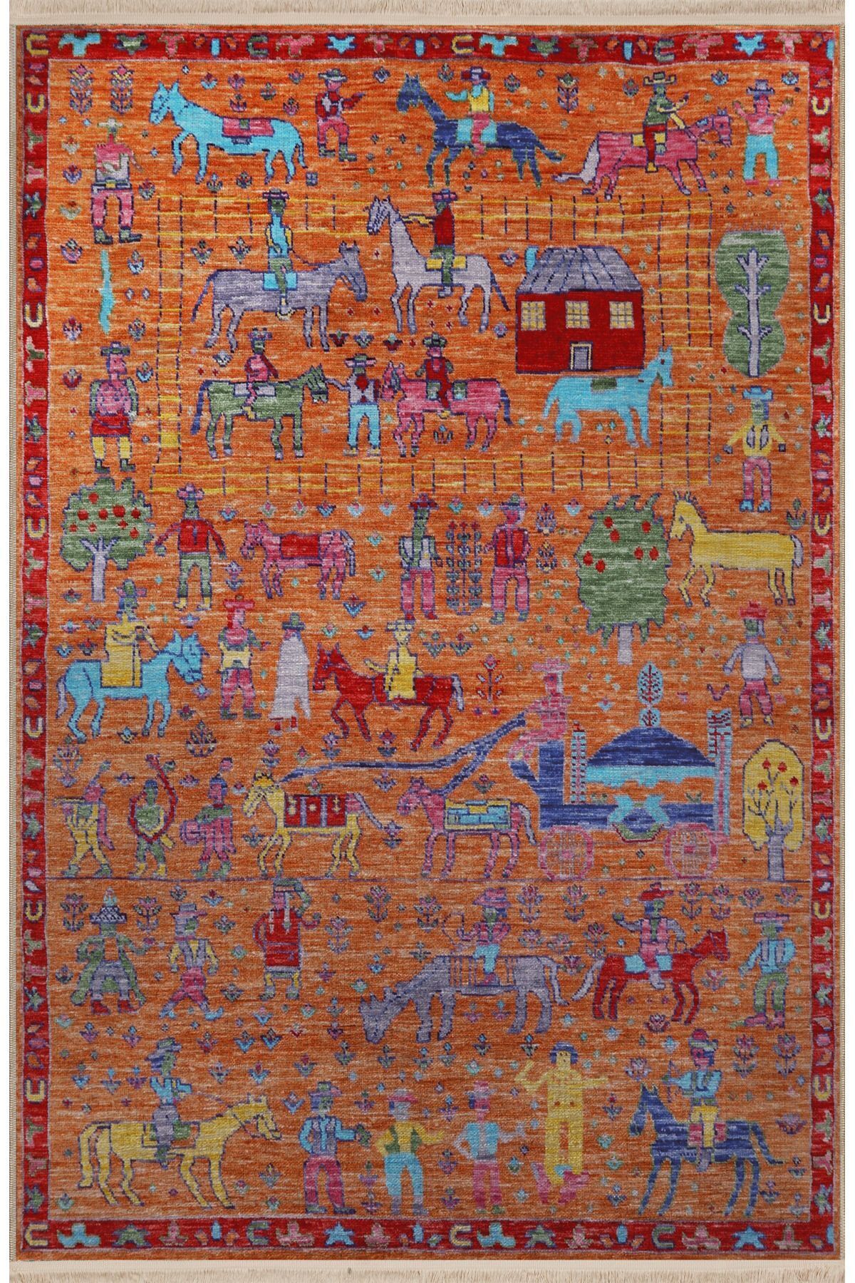 Orange Themed Motif Caravan Horse Pattern Creative Vintage Decorative Carpet 2883