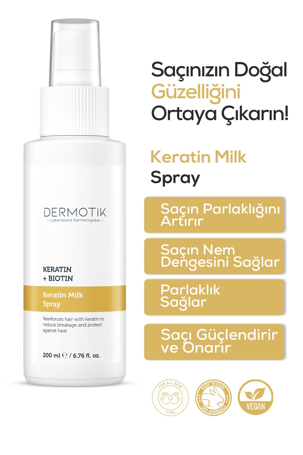 Dermotik Keratin + Biotin Saç Güçlendirici & Onarıcı Besleyici Süt Spreyi Yıpranmış Saçları Güçlendirin 200Ml