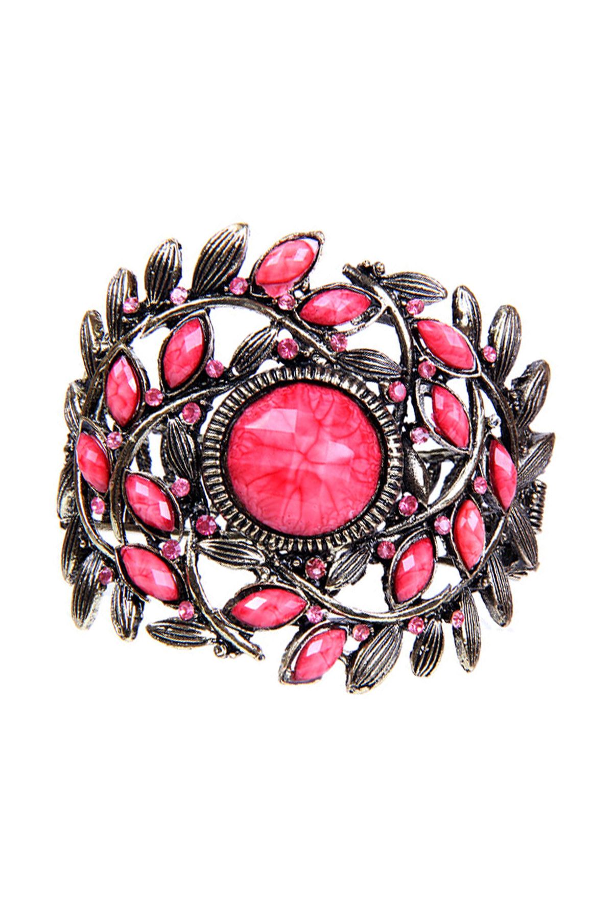 Rouge-Pink Stone Cast Metal Handcuff Model Women's Bracelet 1