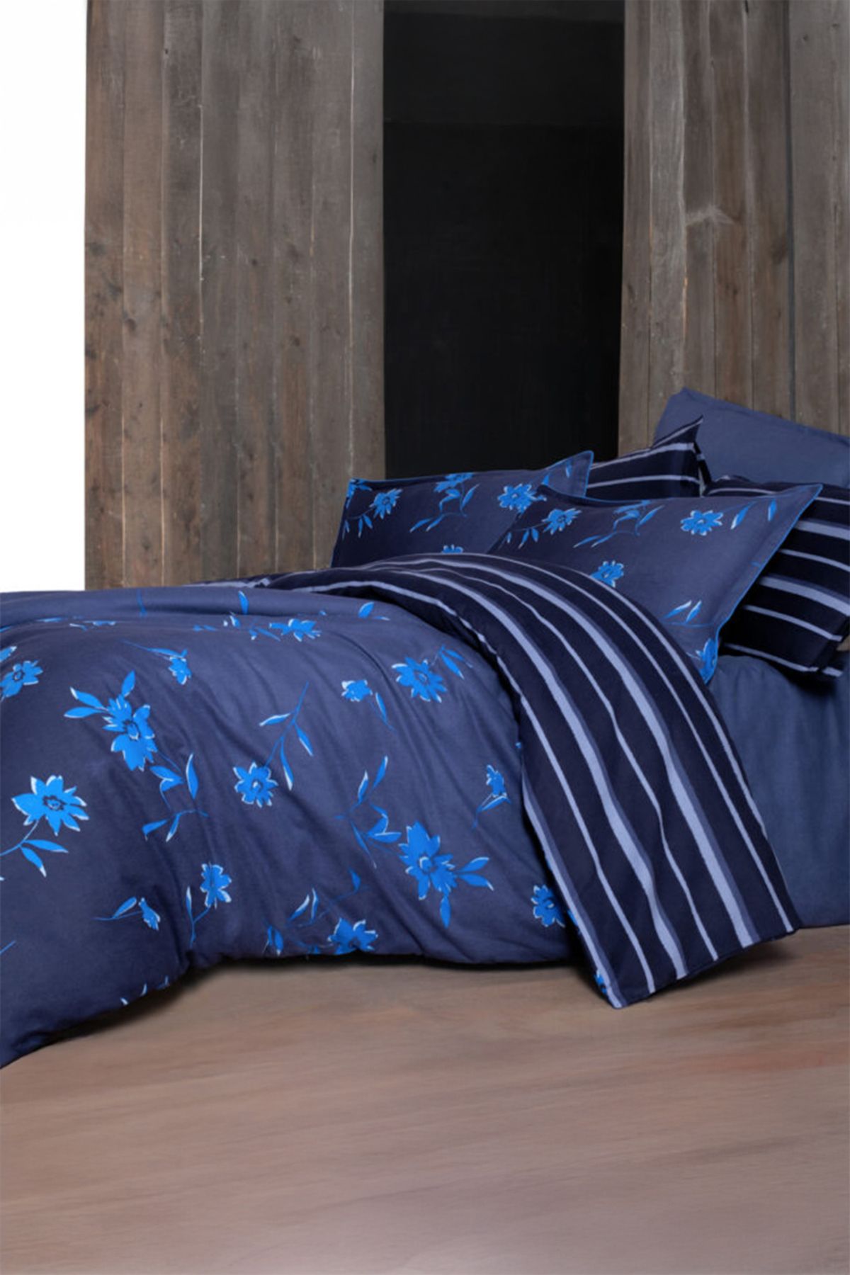 Sarev-Renata Dark Blue 100% Cotton Flannel Double Duvet Cover Set 2