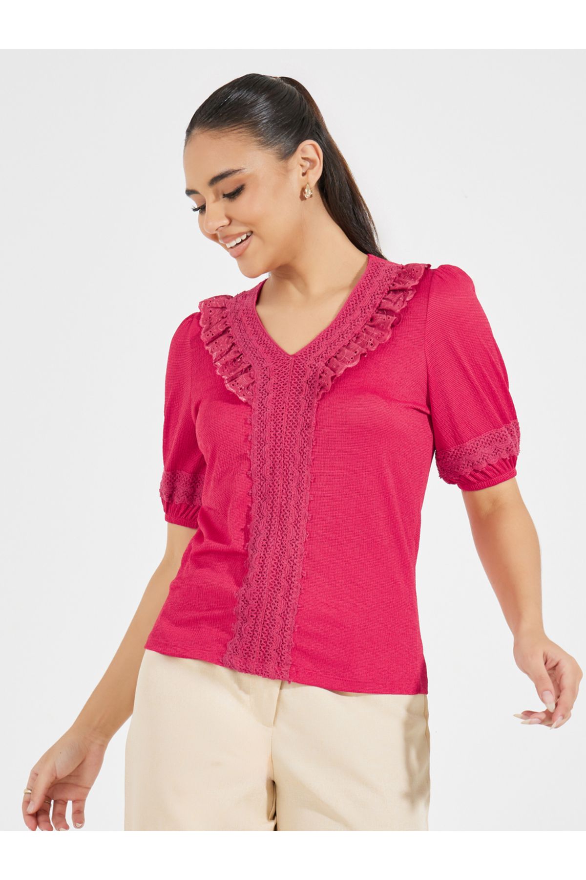 Styli-Lace Insert Knit Top with Puff Sleeves 3