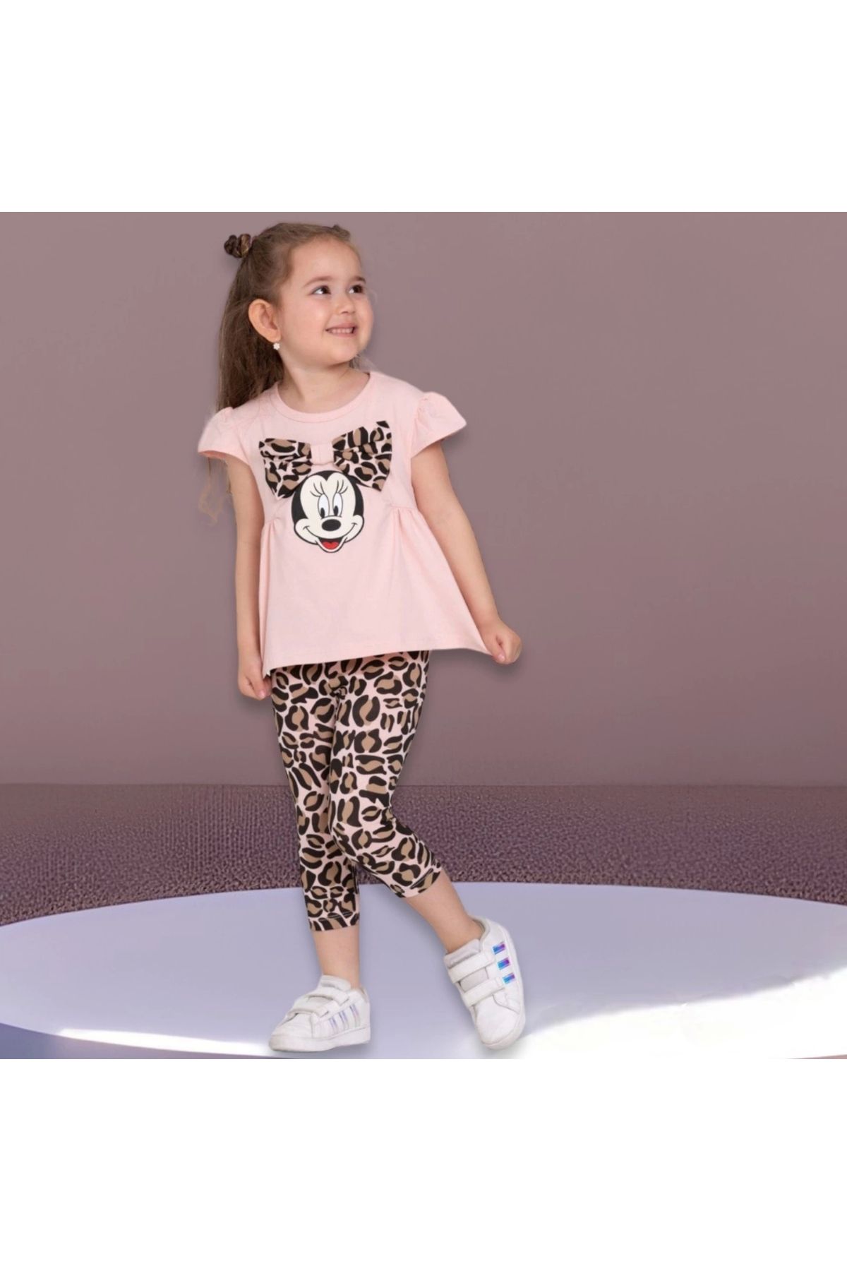 salmon colour minie mouse bow tie patterned leopard capri suit
