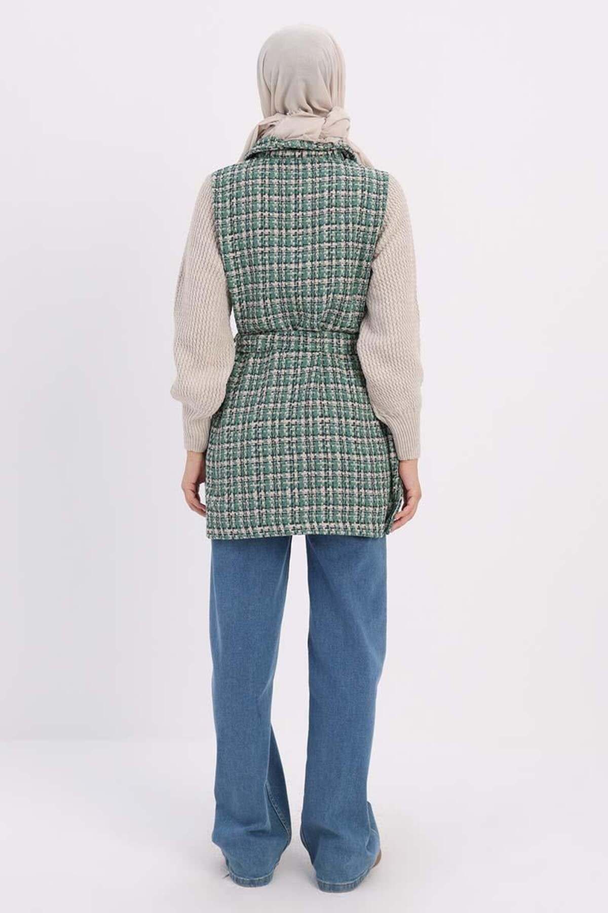 ALLDAY-Green-Knitwear Garnished Belted Tweed Cardigan 4