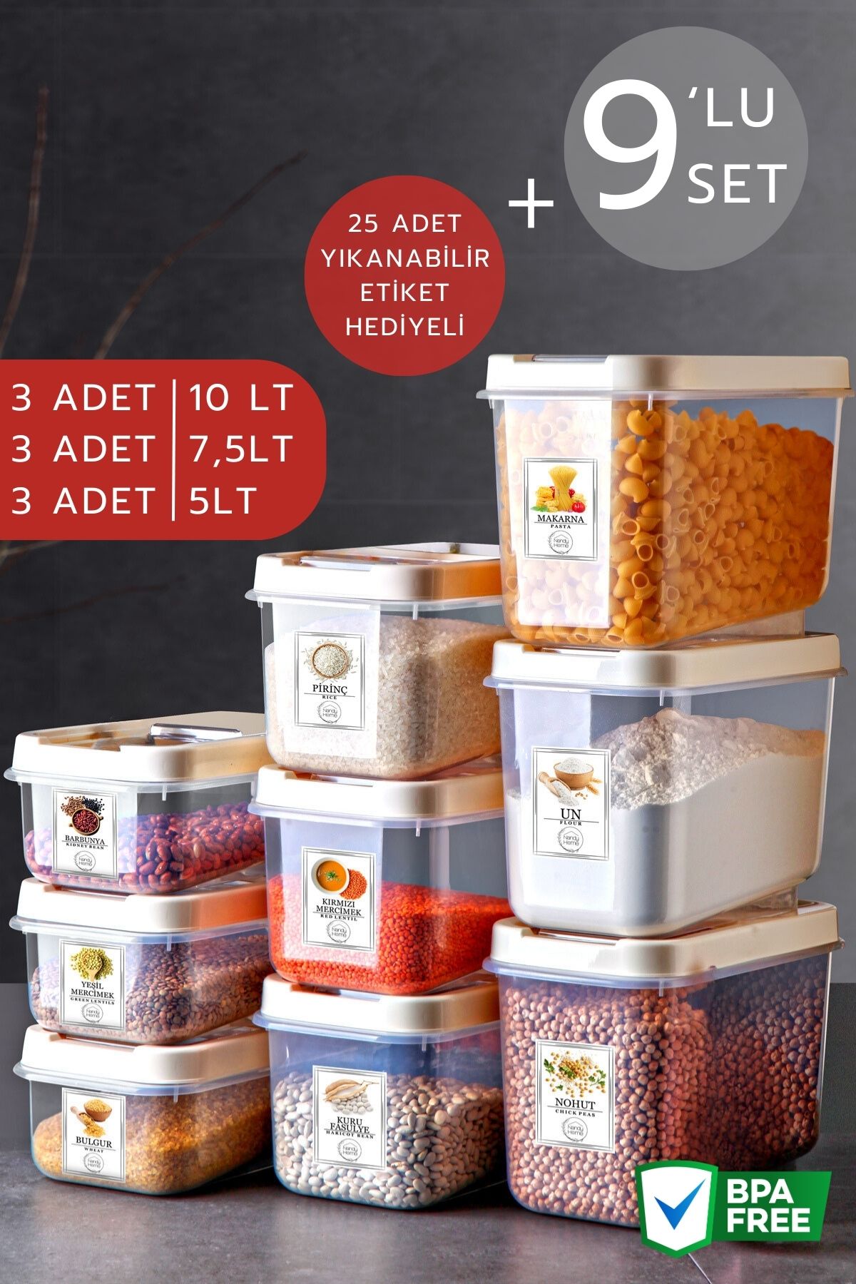 Nandy Home 9lu Set Etiketli Kırılmaz Multibox Erzak Saklama Kabı X3 5 Lt/7,5 Lt/10 Lt