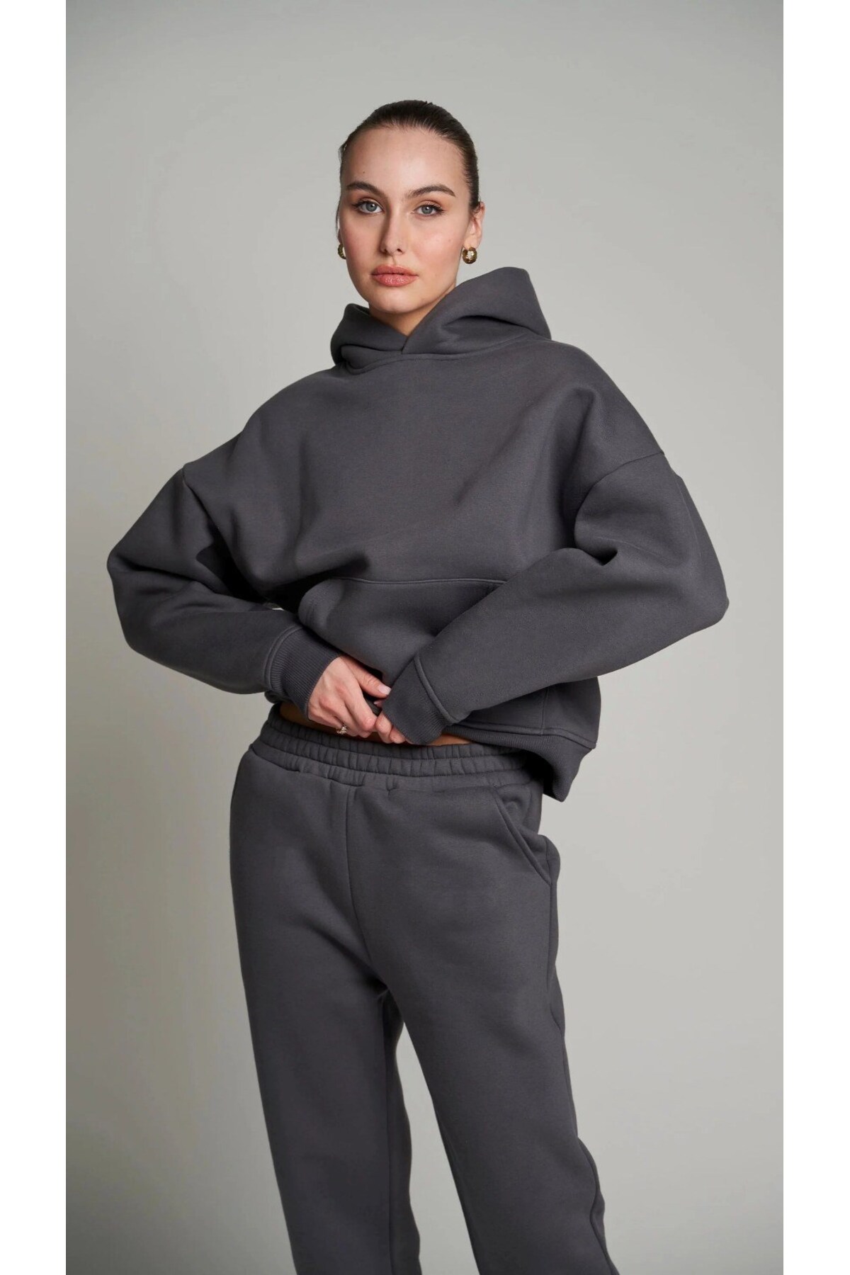 The Champ Clothing Kadın Oversize Sweatshirt Hoodie Basic Füme, Kapüşonlu, Kanguru Cep, 3 İplik Şardonlu görsel 5