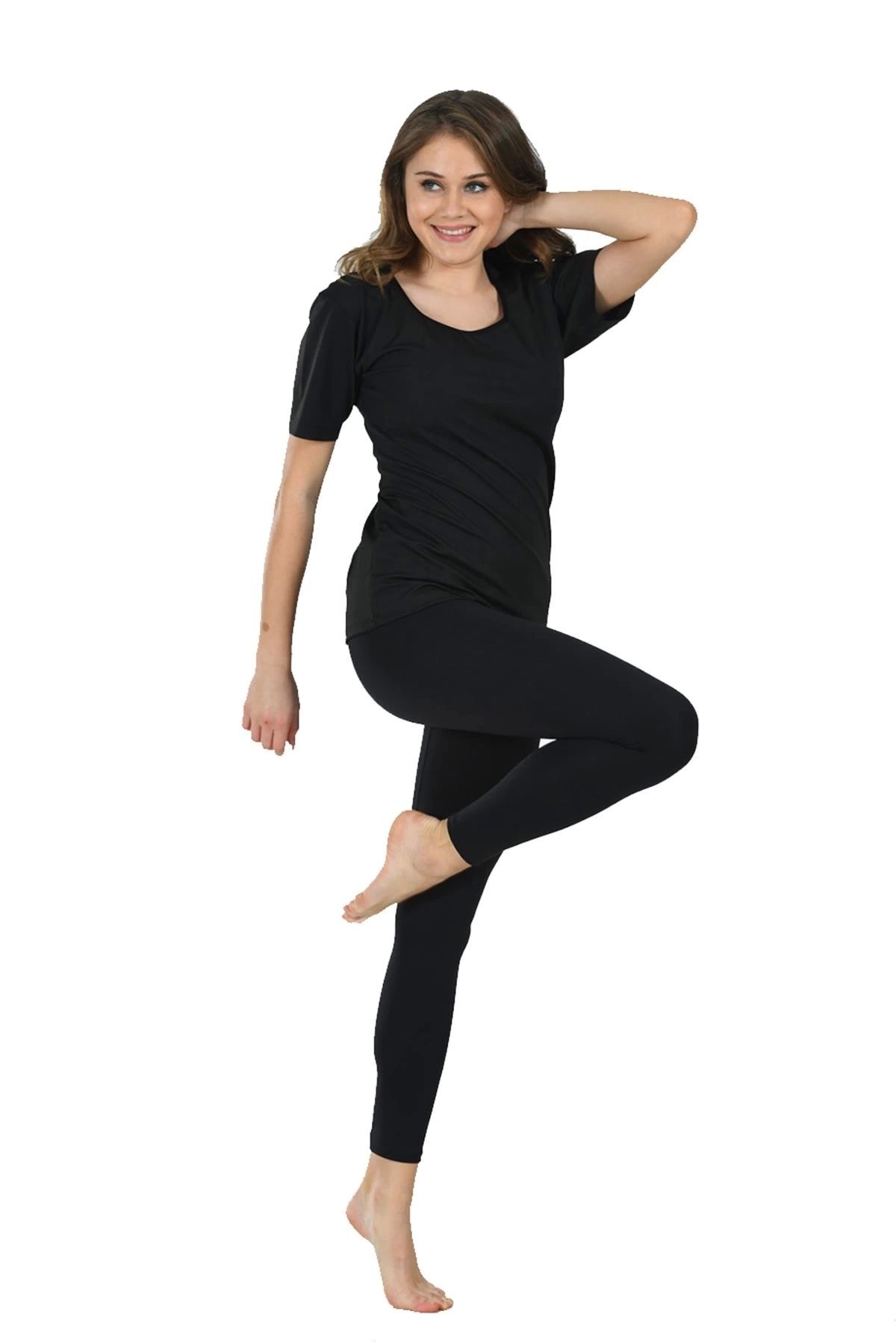 Raftantopla-Black Women's Half Sleeve Thermal Sauna Athlete Leggings Set - 746 1