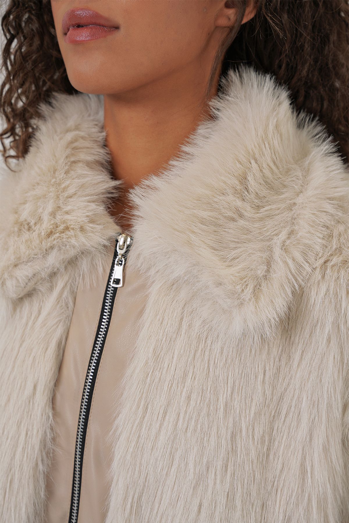 Bigdart-5204 Model Ecru Plush Fur Coat 5