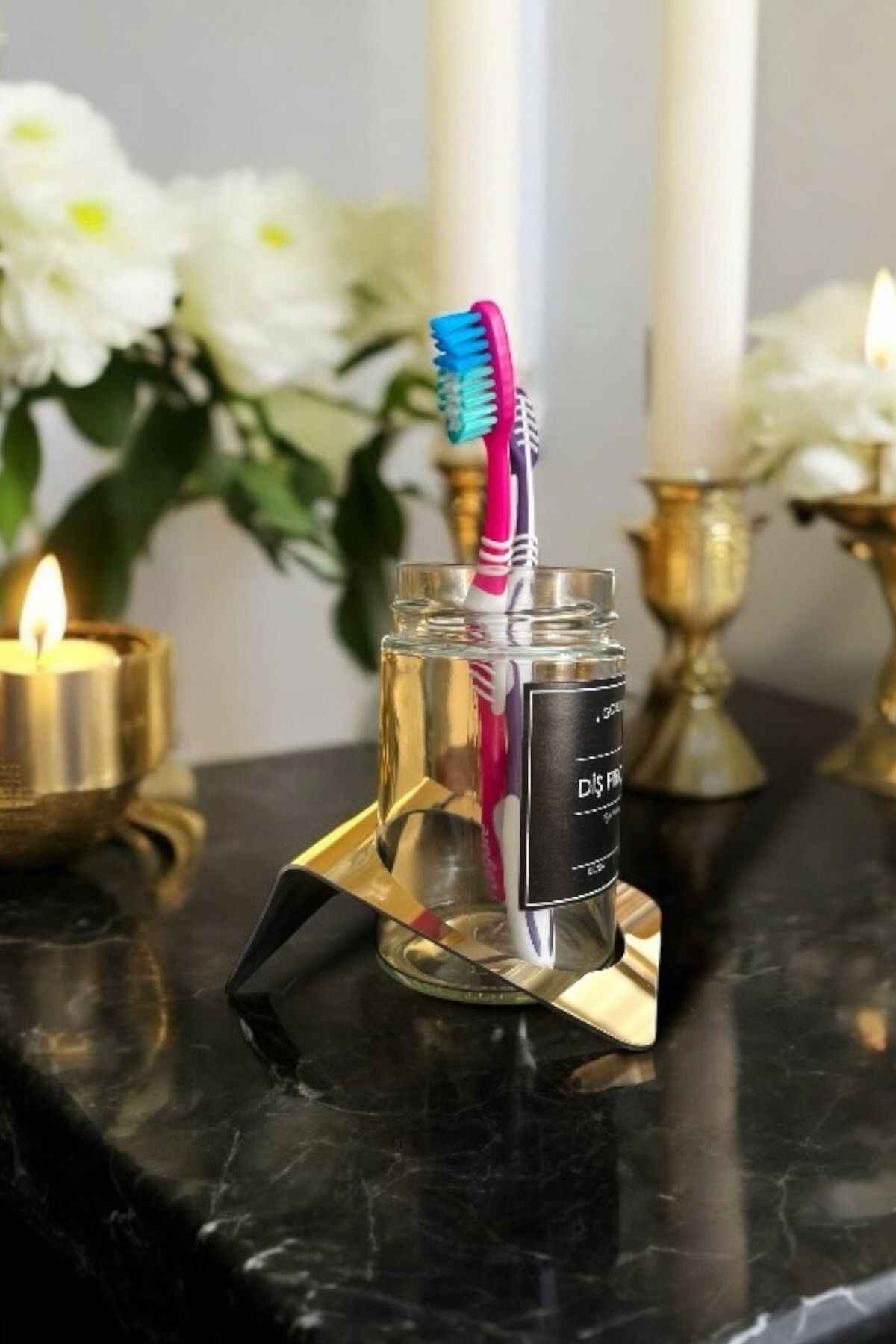 GO BLOBS-Stainless Steel Gold Stand Toothbrush Holder with Black Label 3