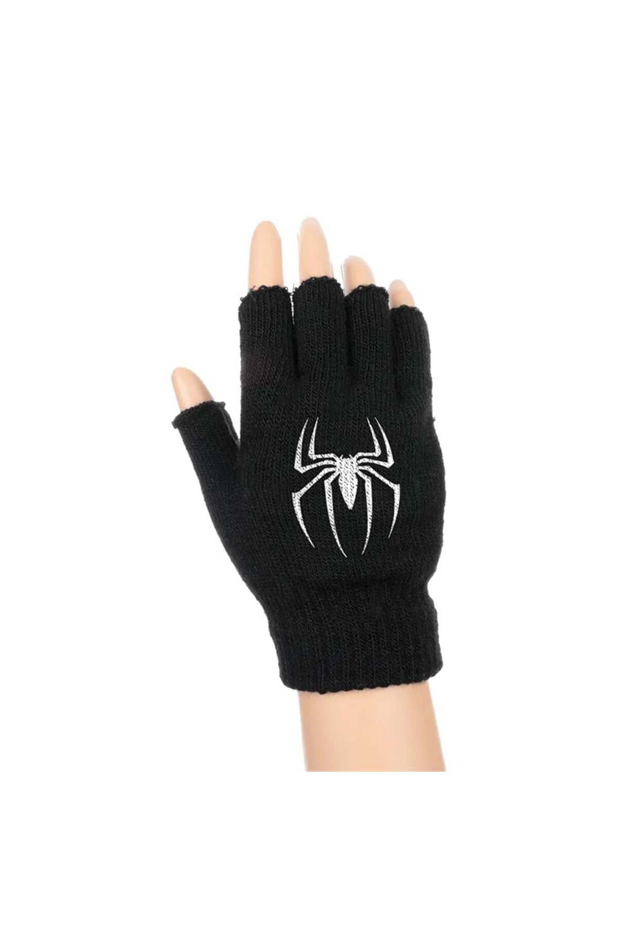 BAREM BUTİK Barem Butik  Spider Baskılı Unisex Siyah Kesik Çift Eldiven