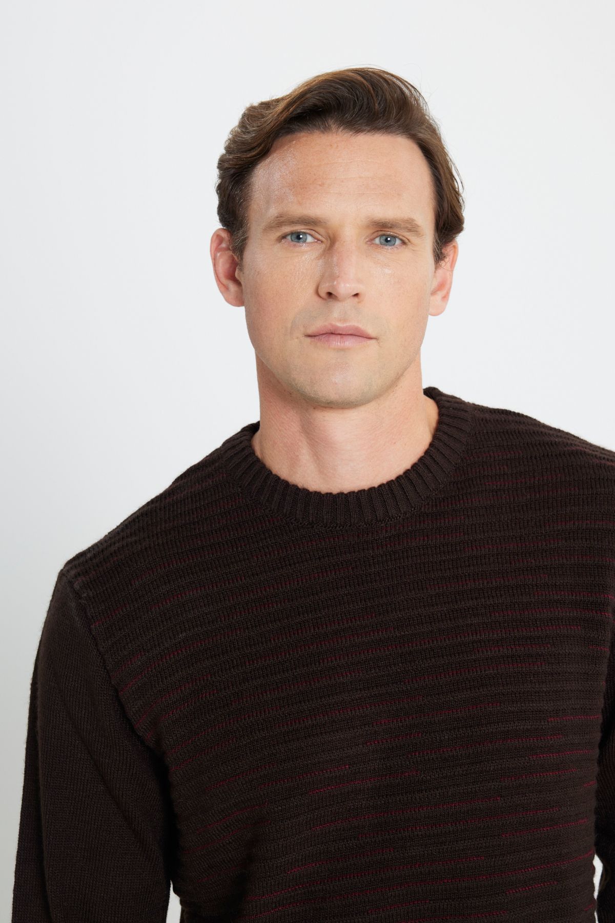 ALTINYILDIZ CLASSICS-Men's Crew Neck Patterned Knitwear Sweater - Brown-claret Red, Standard Fit 4