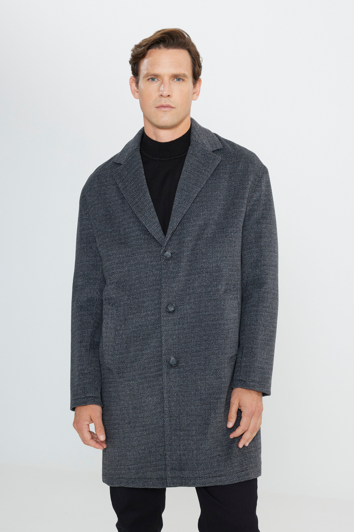 AC&Co / Altınyıldız Classics Erkek Gri Oversize Bol Kesim Mono Yaka Desenli Kaşe Kaban görsel 3