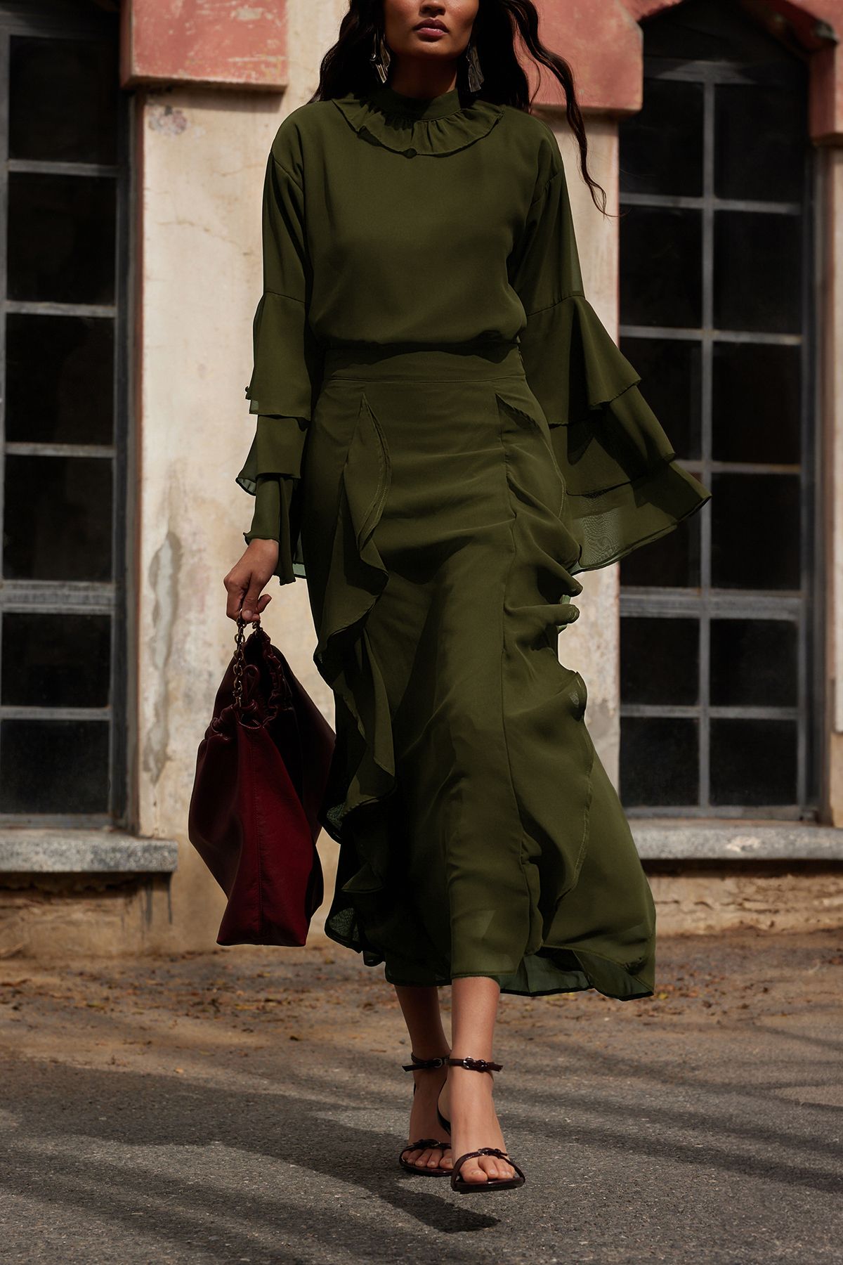 Trendyol Modest-X Ai Каки детайлна тъкана пола с волани Tctaw25Ee00012 3