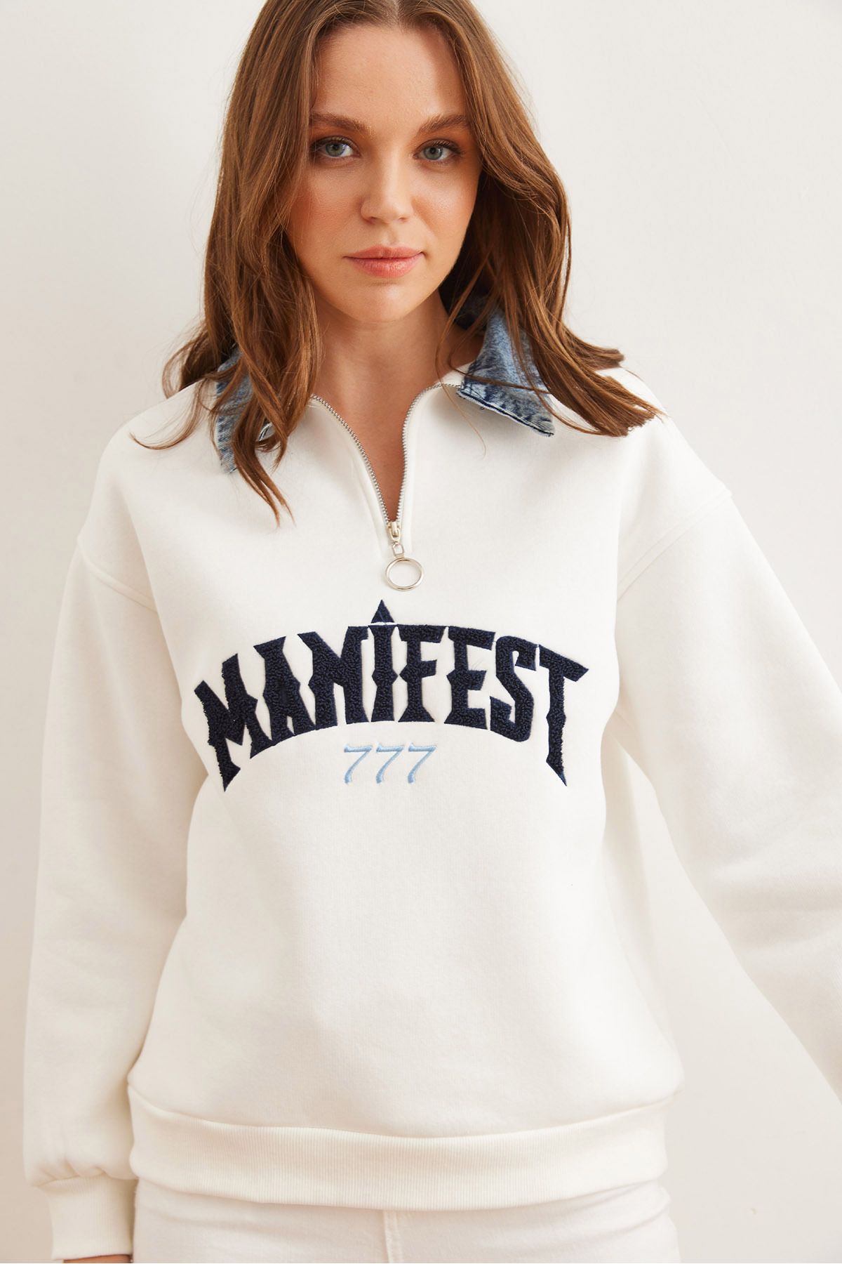 Olalook-Hanorac alb din denim brodat - cu fermoar, raster, femei, SWT- 19000706 1