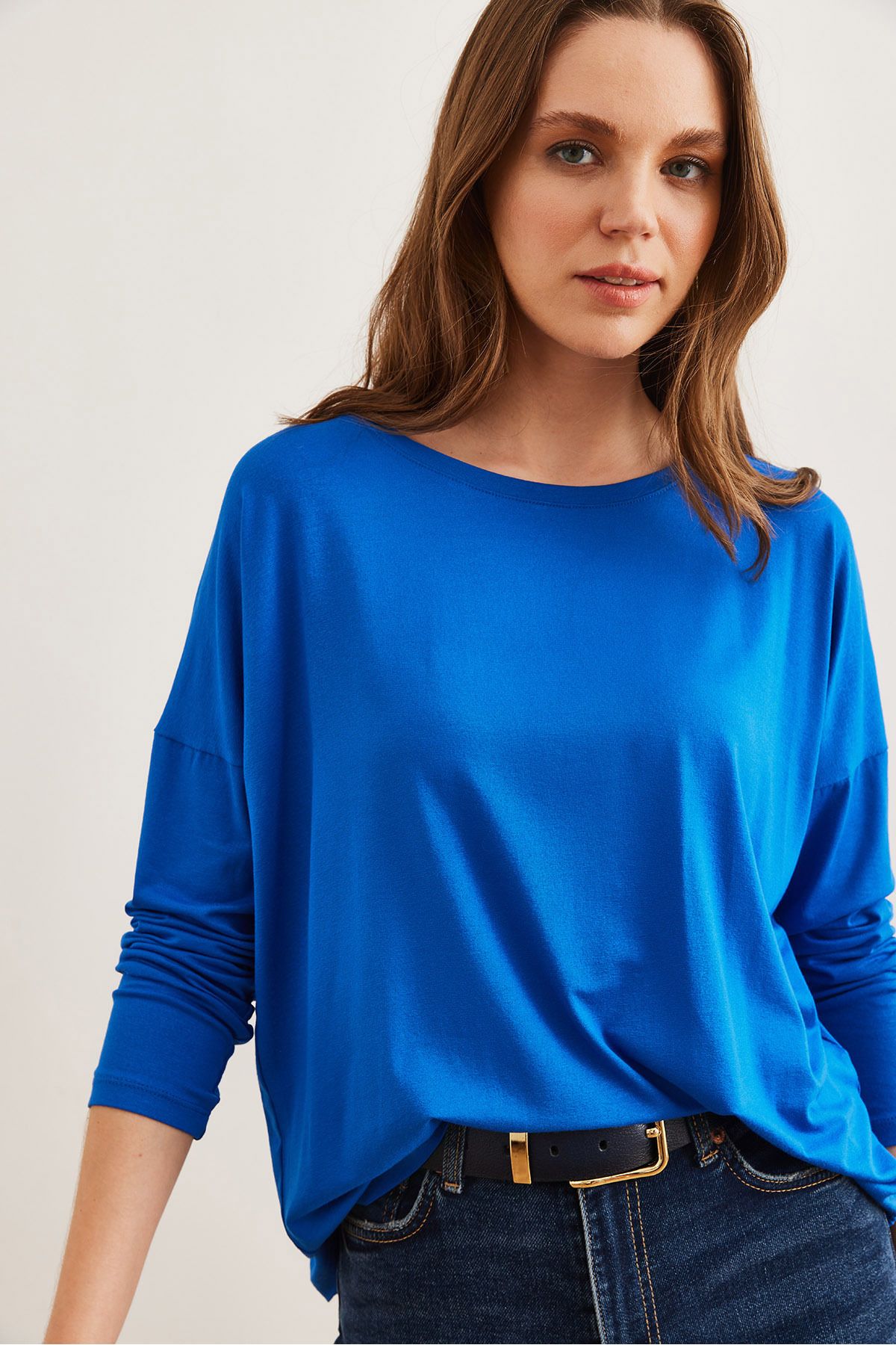 Olalook-Bluzka Saks Blue Viscose - okrągły dekolt, nietoperzowa, zwiewna Blz- 19002588 2