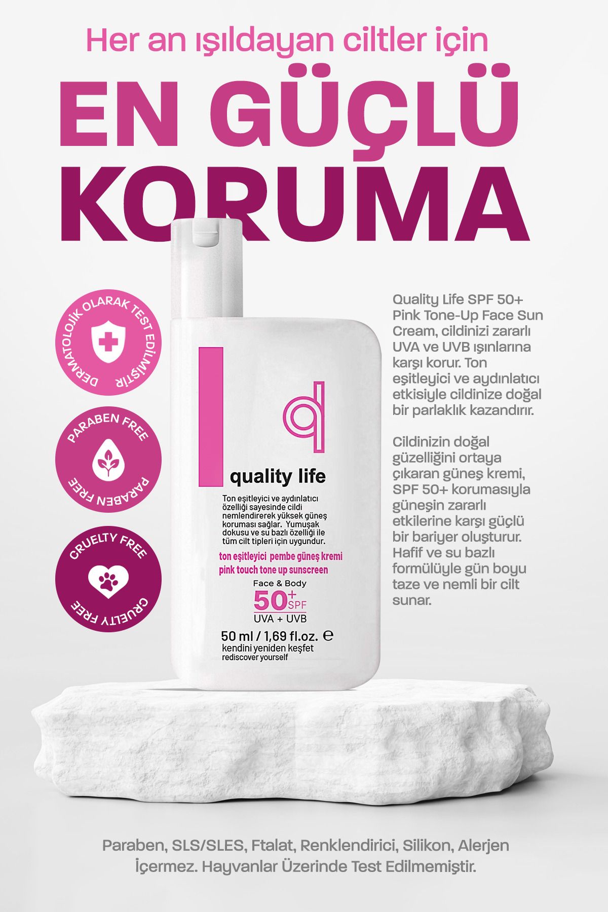 کرم ضدآفتاب رنگی یکسان کننده تن پوست - صورتی - تون آپ صورتی لمسی SPF 50+ Factor Tone Illuminator Quality Life