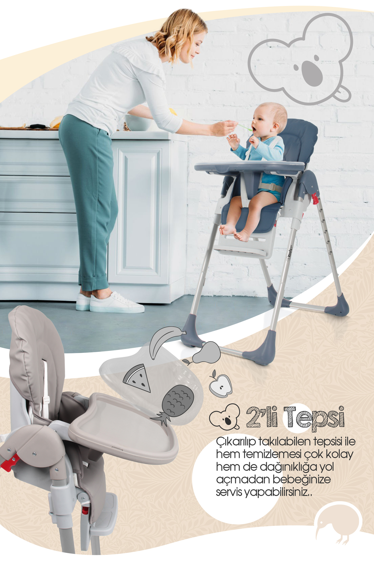 Kiwi Koala All In One Katlanır Tekerlekli Mama Sandalyesi - Yeşil fotoğrafı 4 (önizleme)