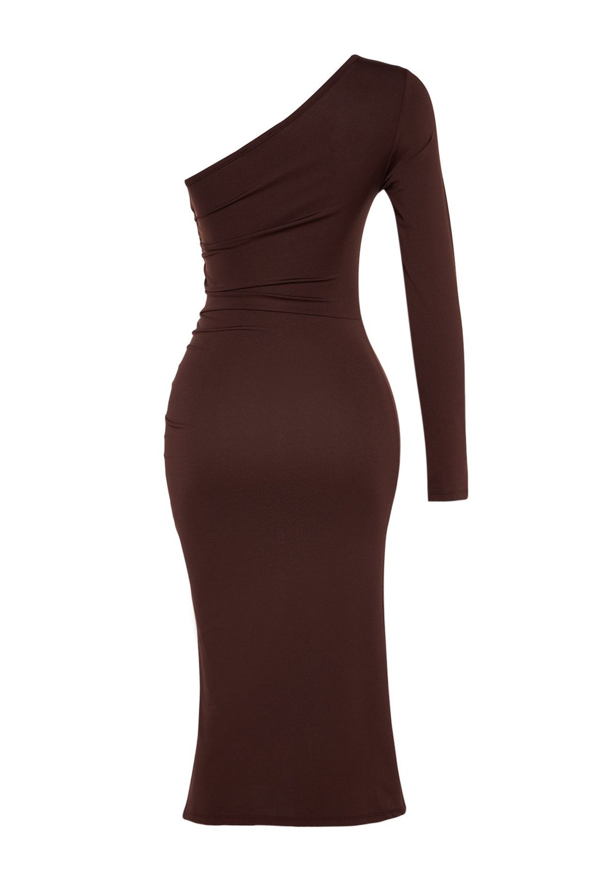 Trendyol Collection-Braunes, tailliertes, gerafftes Midi-Strickkleid mit asymmetrischem Kragen und einem Ärmel TWOAW24EL00172 7