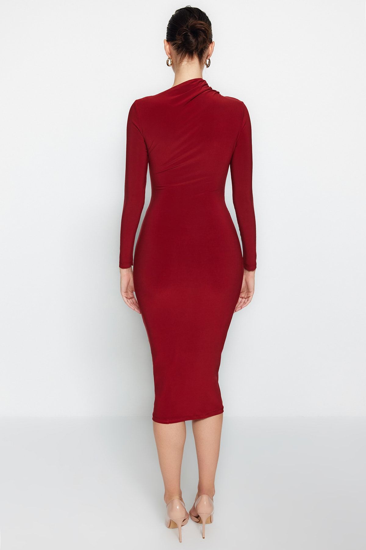 Trendyol Collection-Сукня міді зі стрейч-стрейчу TWOAW24EL00142 з детальним вирізом у вигляді черепиці приталеного силуету 5