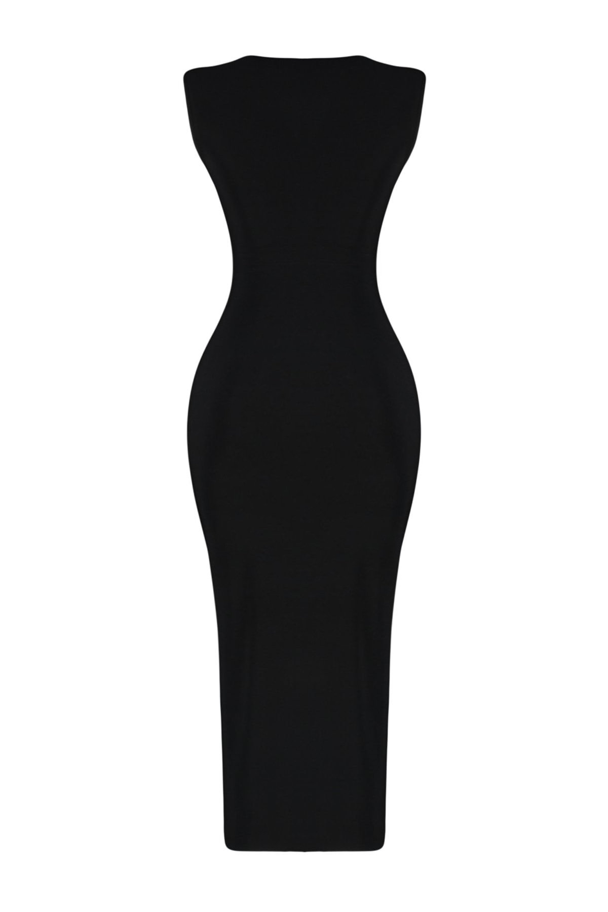 Trendyolmilla  Siyah Fitted/Vücuda Oturan Büzgü Detaylı Midi Esnek Örme Kalem Elbise TWOSS23EL00751 - Görsel 9