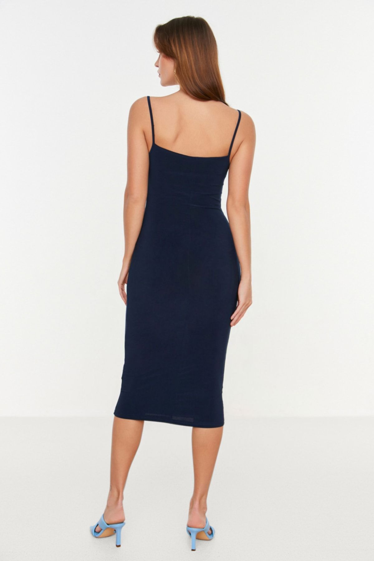 Trendyol Collection-Rochie creion midi tricotată flexibilă, cu guler Degaje, albastru marin TWOSS19AD0020 5