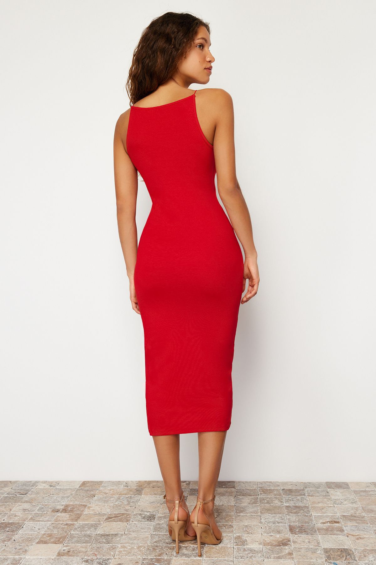 Trendyol Collection-Piros halter nyakú bordázott rugalmas kötött midi ceruzaruha TWOSS24EL00020 5