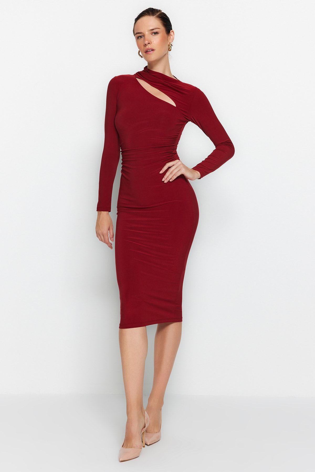 Trendyol Collection-Сукня міді зі стрейч-стрейчу TWOAW24EL00142 з детальним вирізом у вигляді черепиці приталеного силуету 4
