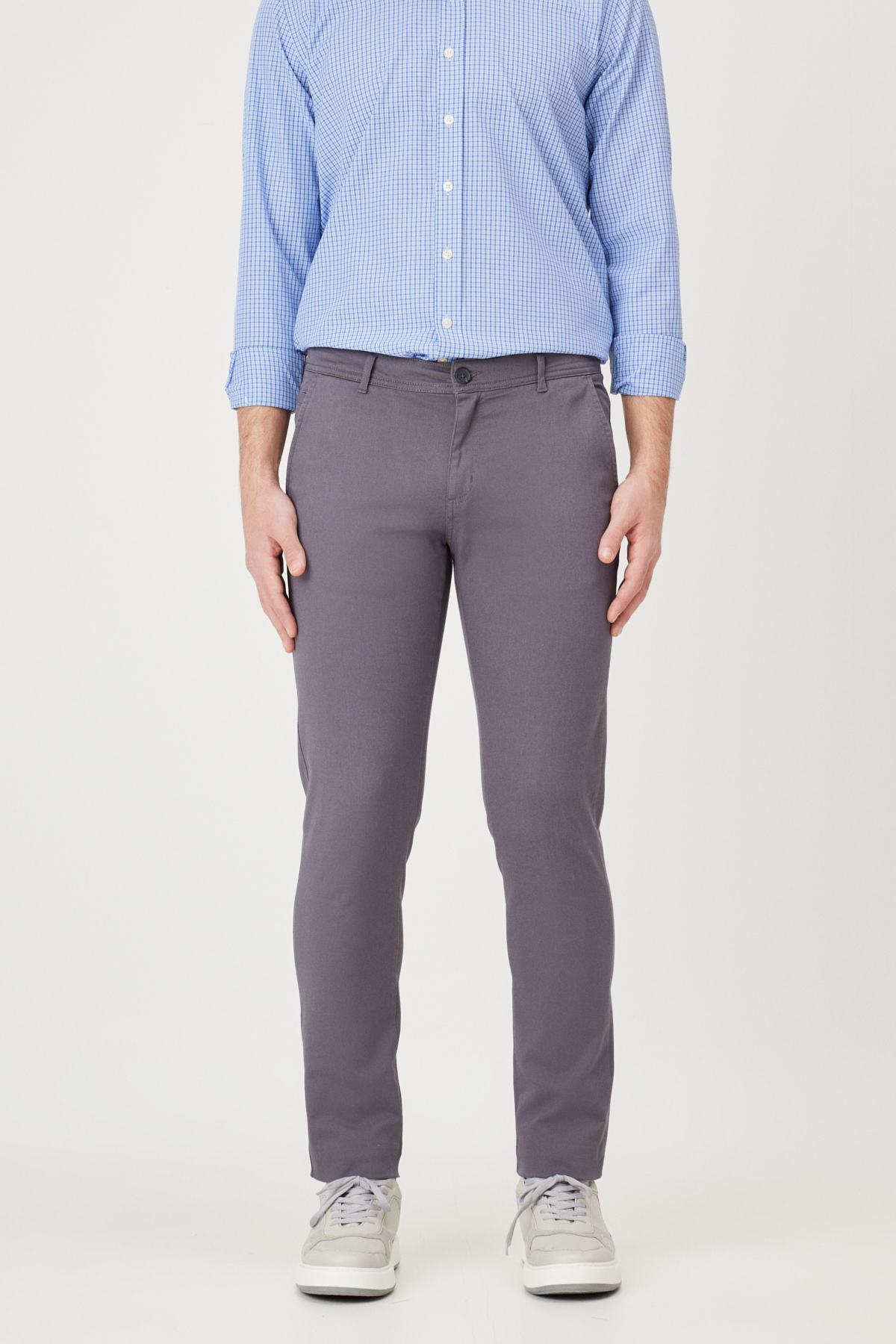 Men's Anthracite Chino Pants with Cotton Lycra Flexible Slim Fit Narrow Cut Side Pockets
