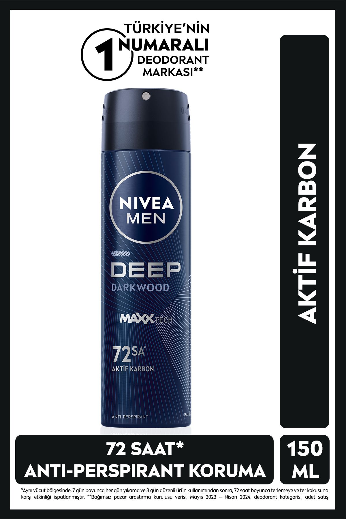 اسپری مردانه دئودورانت Deep Dimension Activated Carbon 150ml، 72 ساعت ضد تعریق ضد تعریق NIVEA