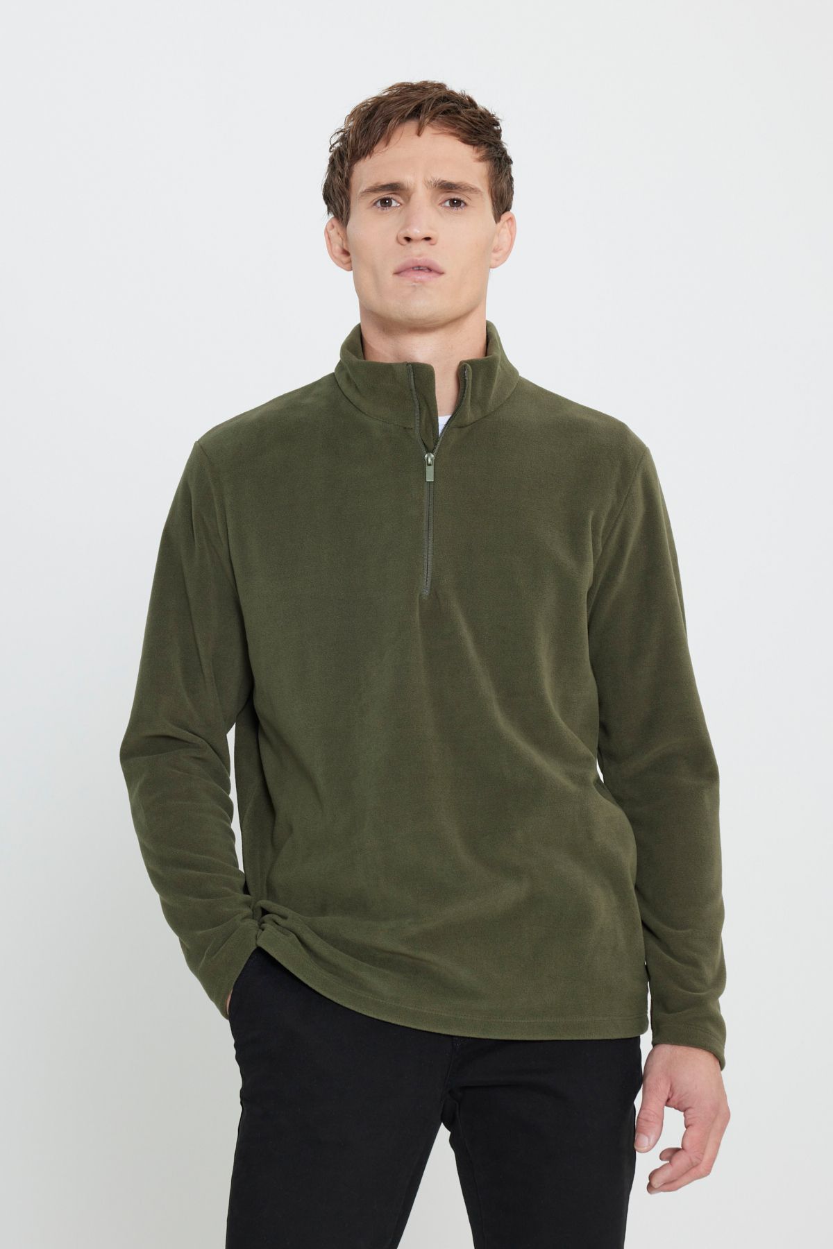 George Henry-Męska bluza Khaki Standard Fit - antypillingowa, odporna na zimno, z kołnierzem typu bato 3