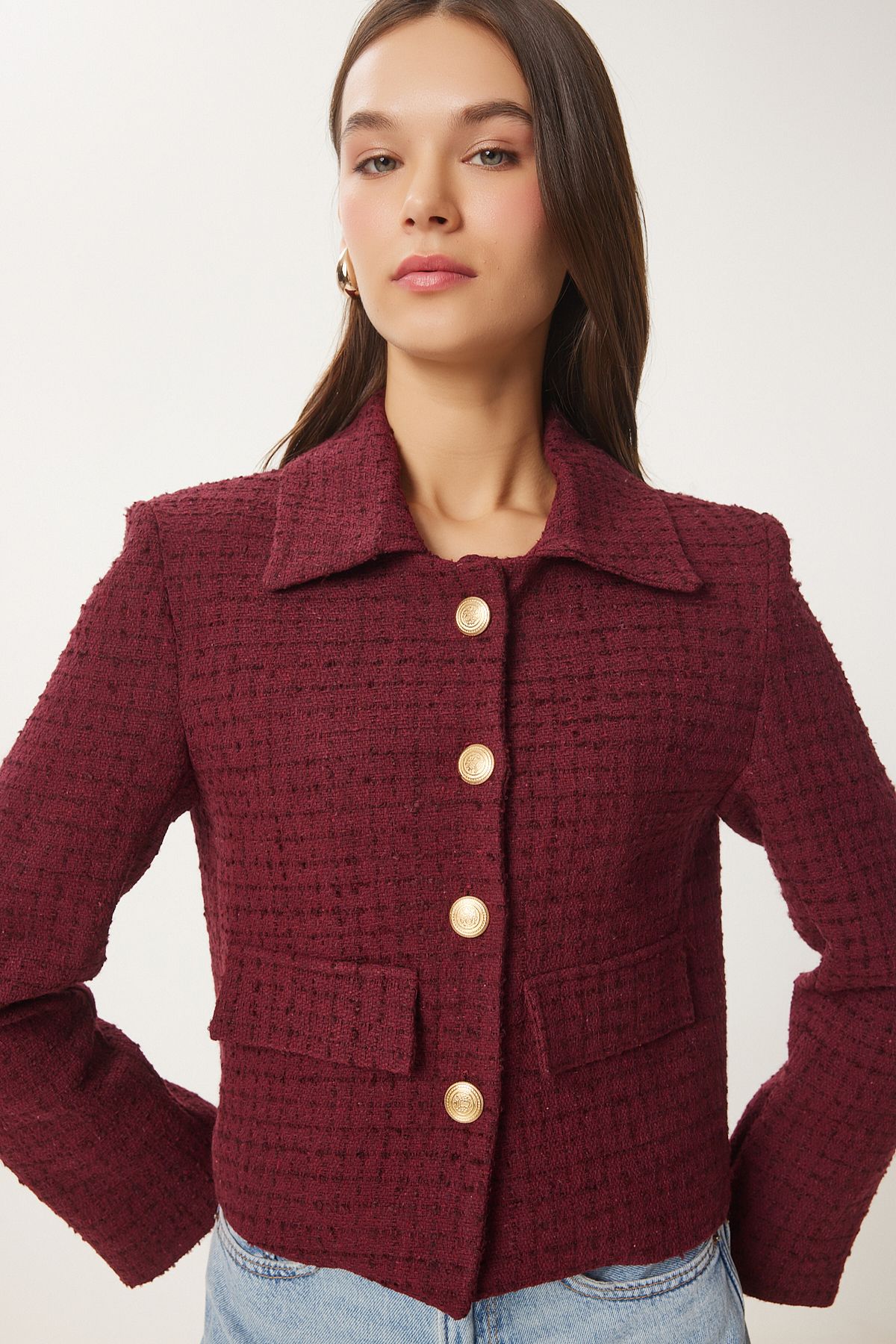 Happiness İstanbul-Burgundy Tweed Crop Women's Jacket - To00039 4