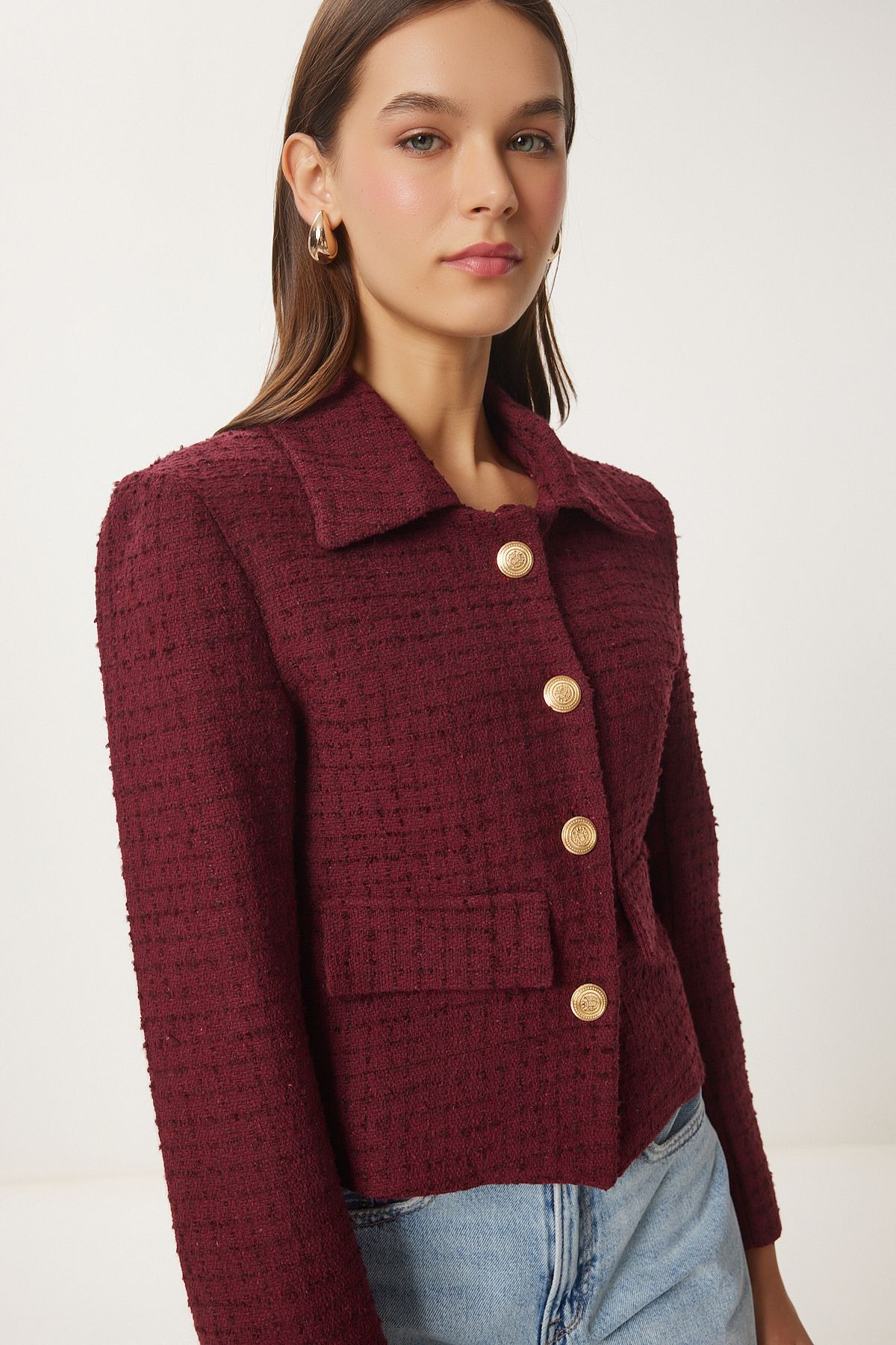 Happiness İstanbul-Burgundy Tweed Crop Women's Jacket - To00039 2