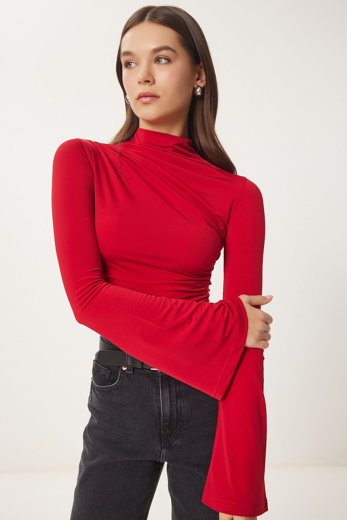 Happiness İstanbul-Rote Damen-Strickbluse mit spanischen Ärmeln und Kordelzug EN00634 3