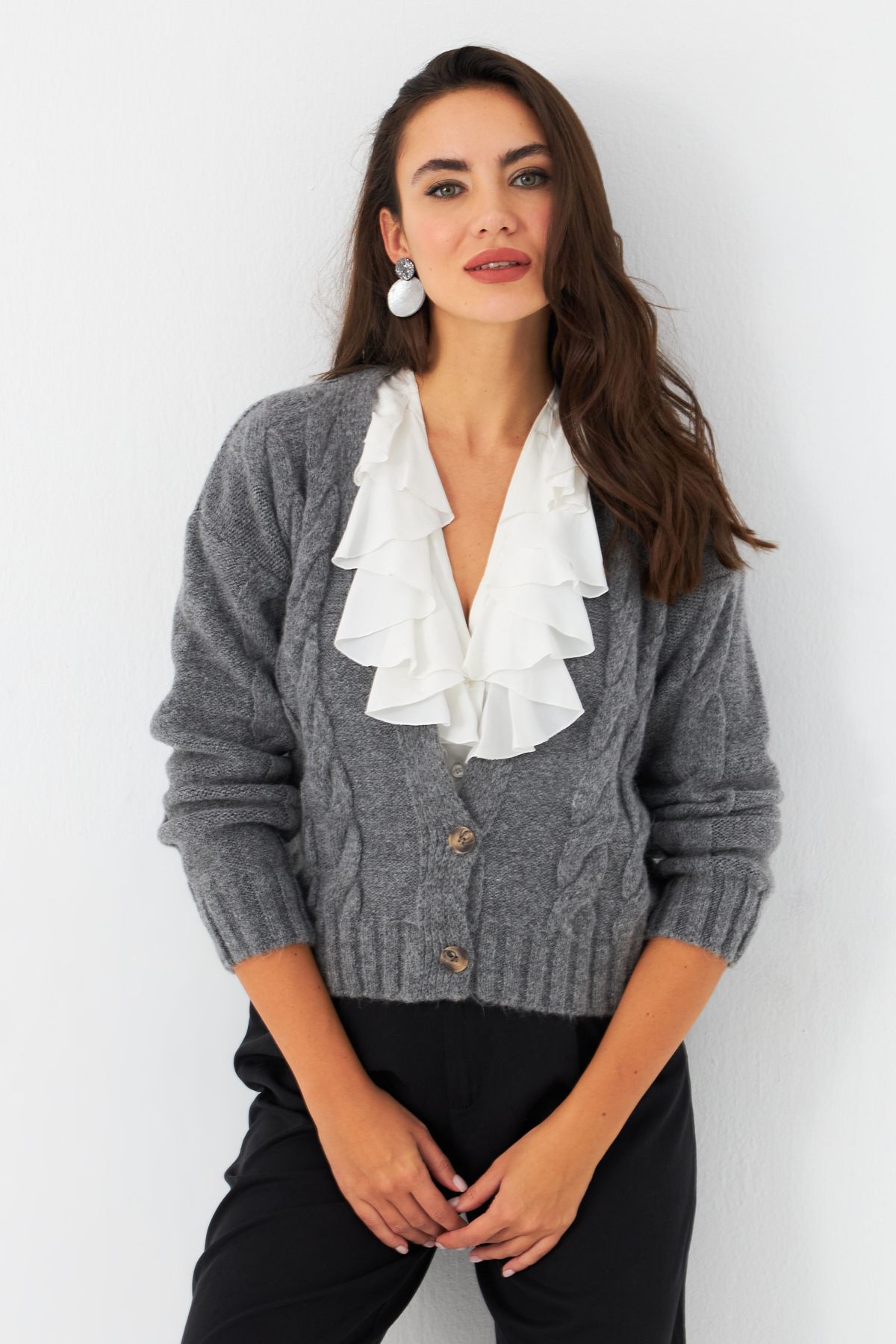 Cool & Sexy-Anthrazitfarbene geflochtene Strickjacke für Damen YV295 2