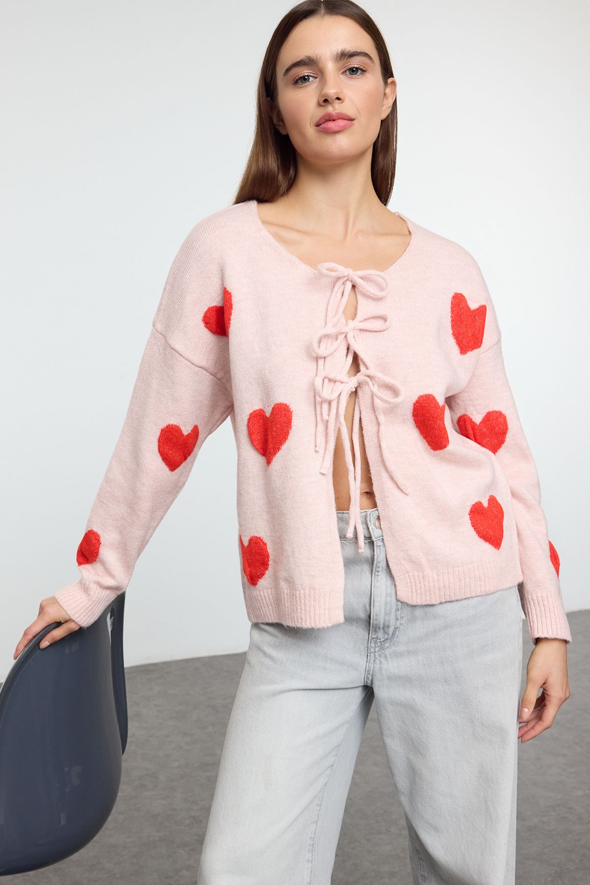 Trendyol Collection-Pink Heart Patterned Knitwear Cardigan with Tie Detail Twoaw25Hi00362 2