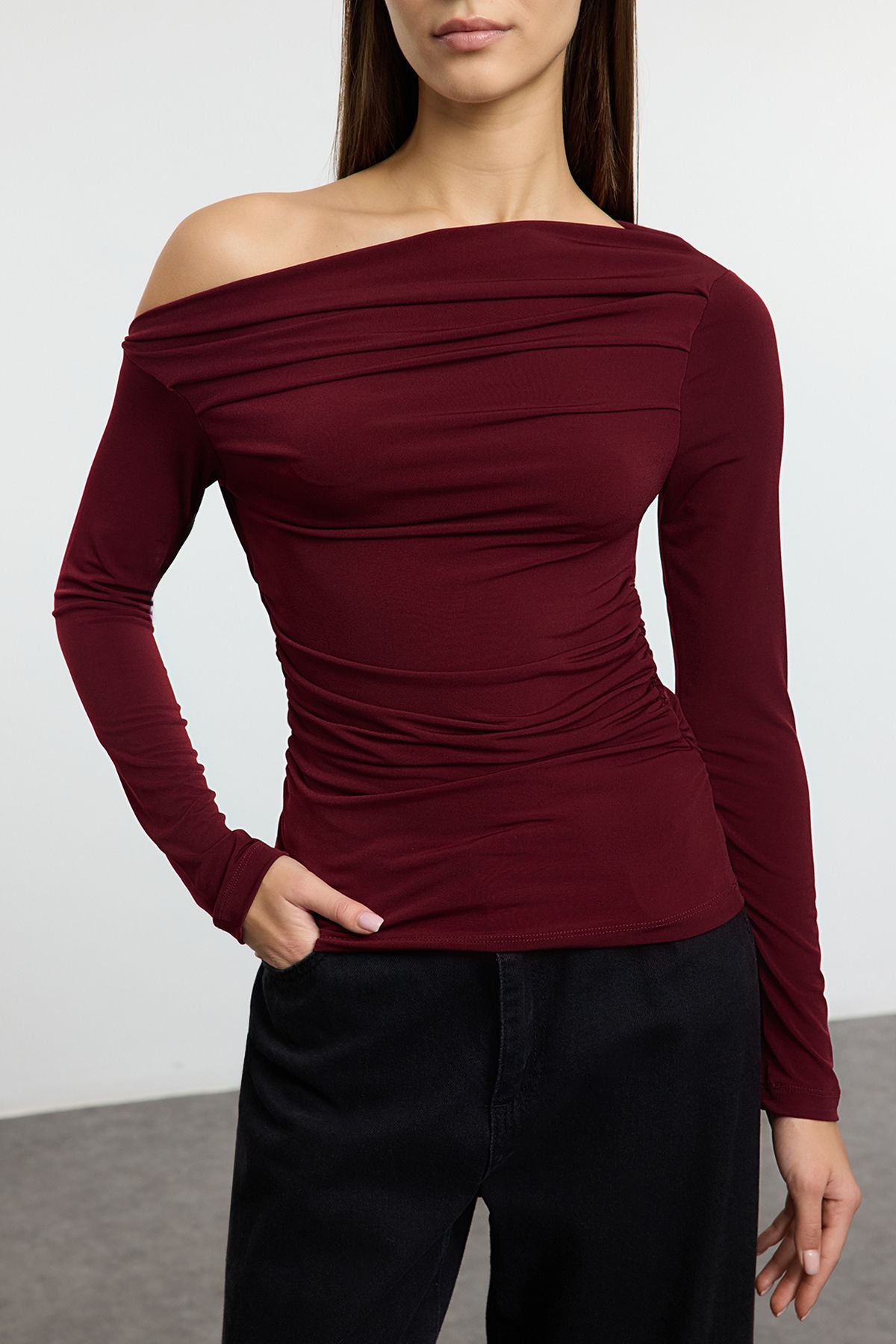 Trendyol Collection-Bluză tricotată elastică cu mânecă lungă, roșu Claret, cu șnur/drapat, ajustată/îmbrățișată TWOAW25BZ00248 3