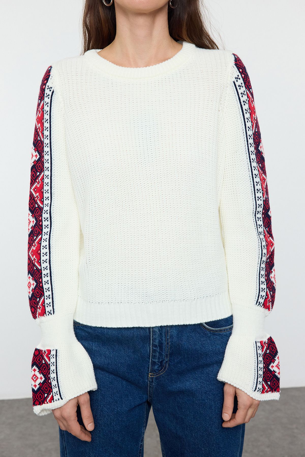 Trendyol Collection-Ecru vyšívací vzorovaný pletený svetr Twoaw25Kz00393 3