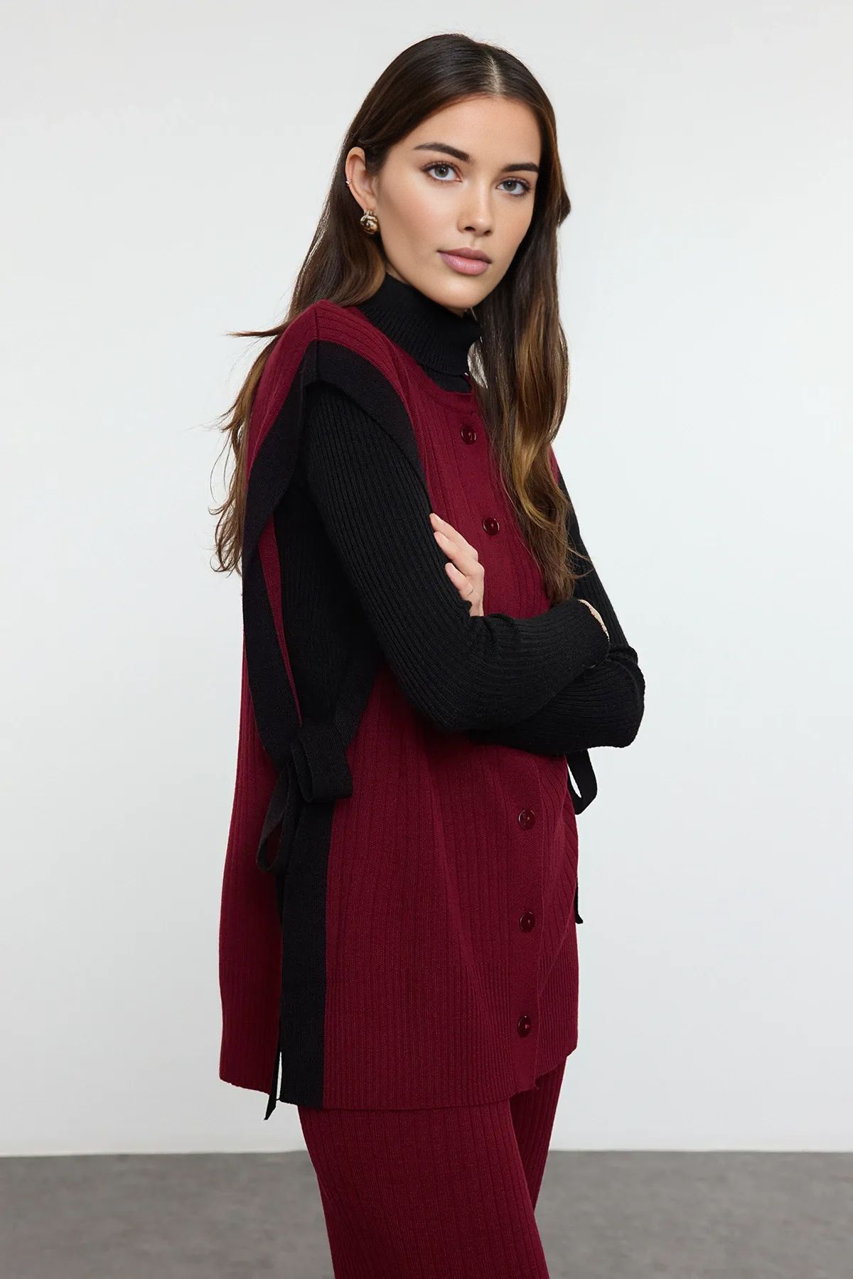 Trendyol Modest-Burgundy Blocked Slit Knitwear Vest and Trousers Set - Tctaw24Us00087 2