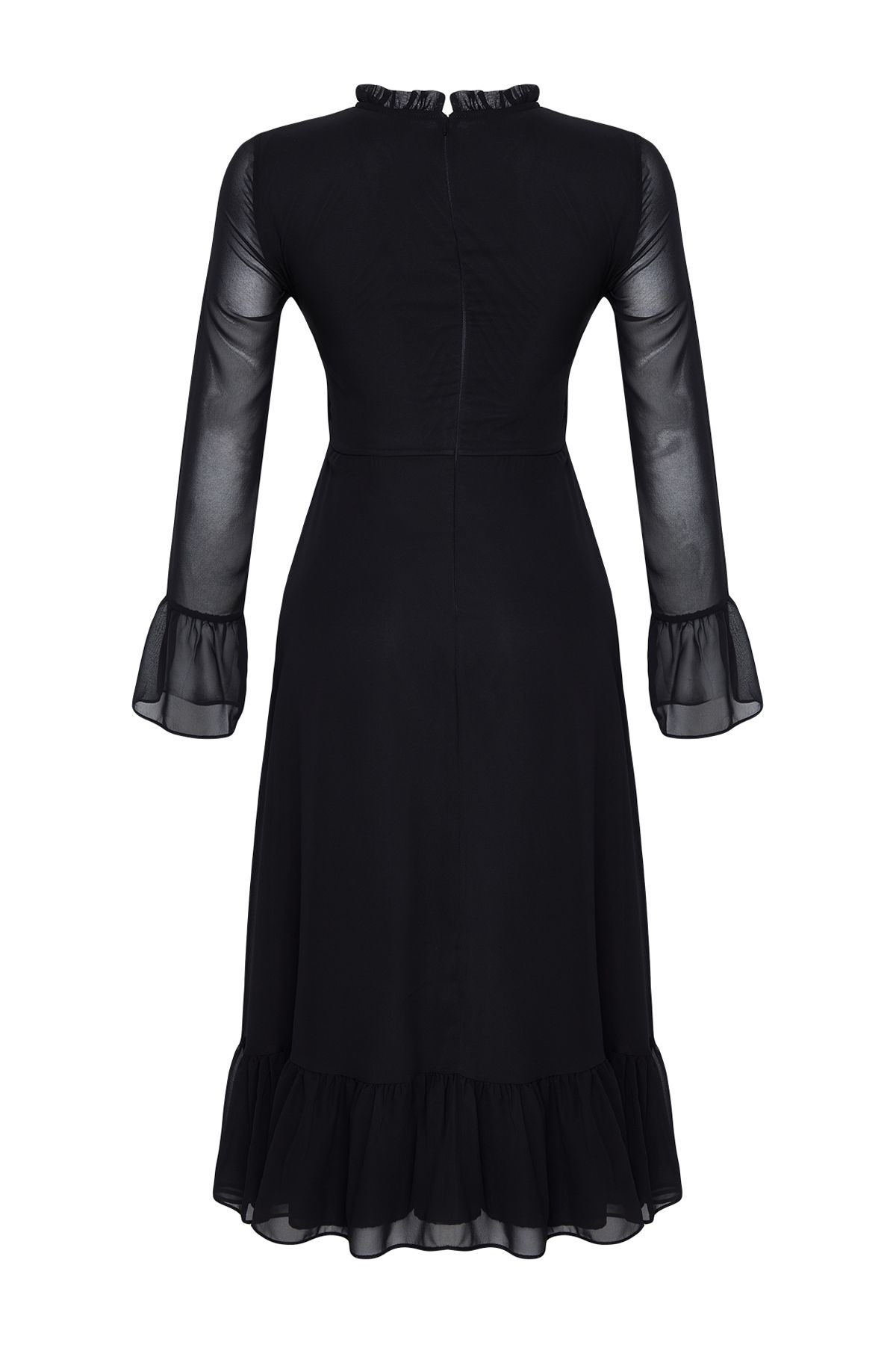 Trendyol Collection-Černé šifonové midi šaty – zvířecí potisk, A-Line, stojáček, podšité – zimní Twoaw25El00173 7