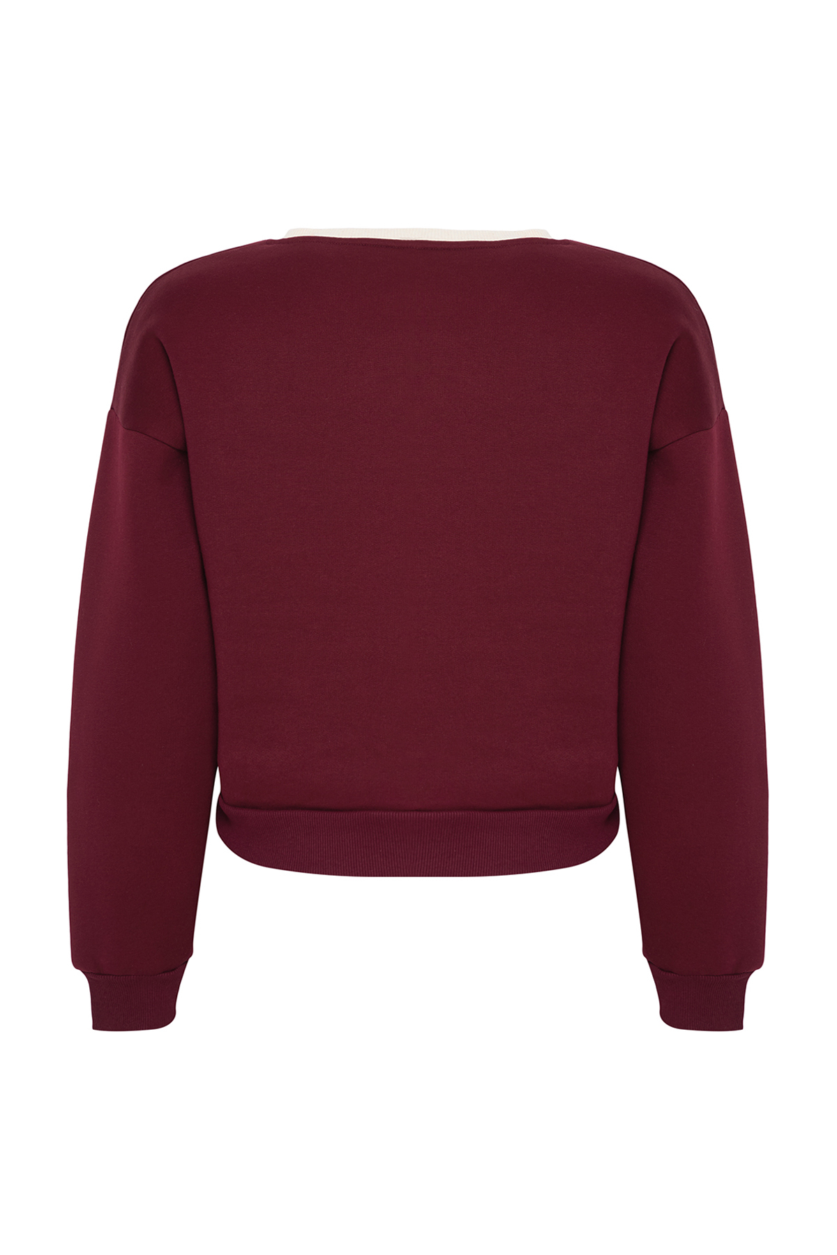 Trendyolmilla  Bordo Renk Bloklu Slogan Oversize/Geniş Kalıp Crop Kalın İçi Polarlı Örme Sweatshirt TWOAW25SW00073 - Görsel 7
