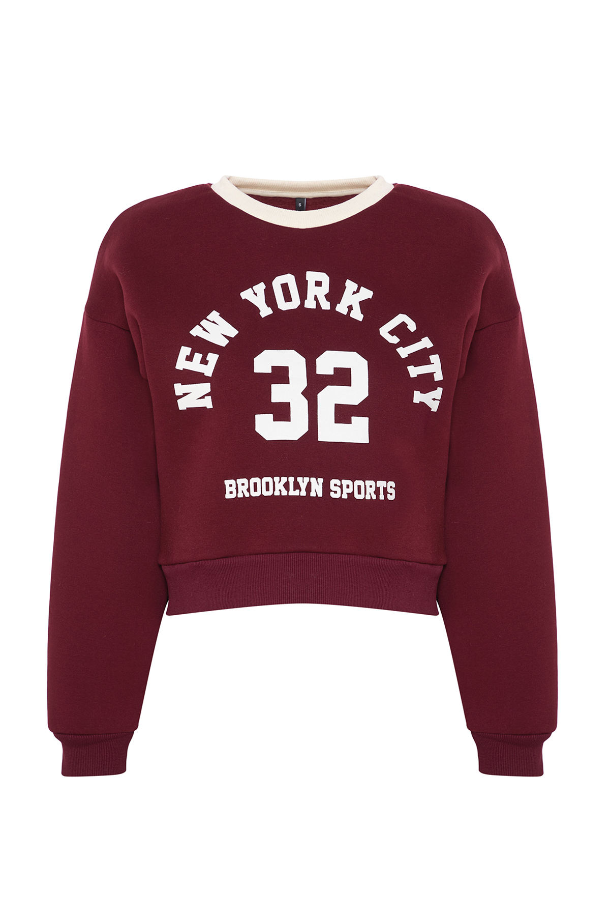 Trendyolmilla  Bordo Renk Bloklu Slogan Oversize/Geniş Kalıp Crop Kalın İçi Polarlı Örme Sweatshirt TWOAW25SW00073 - Görsel 6