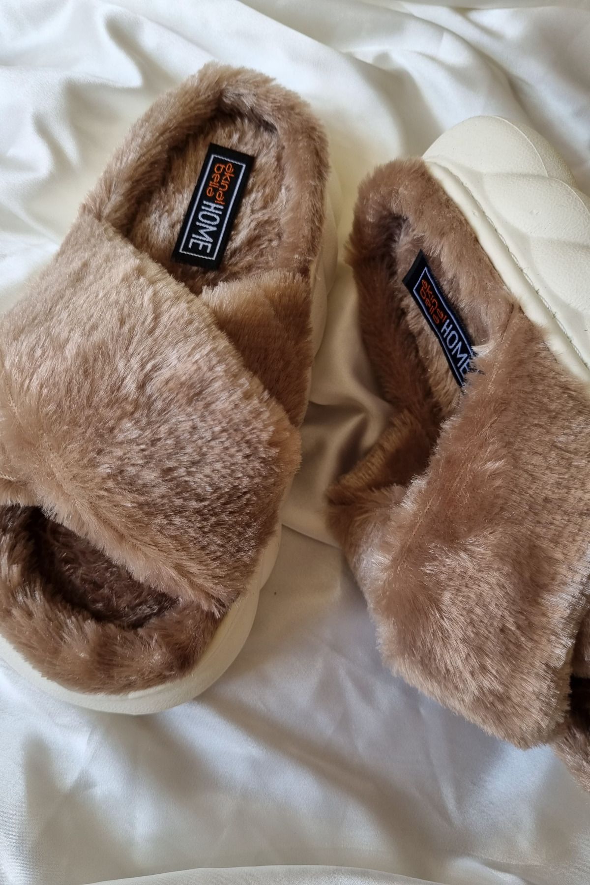 Akınal Bella-Akınalbella Women's Cross Model Soft Furry Comfortable Sole Slippers 3