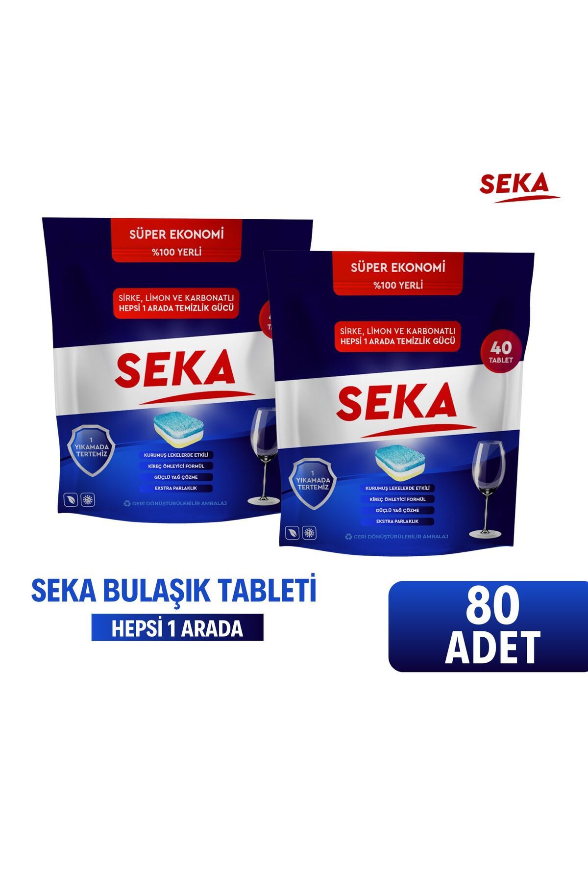 seka Hepsi Bir Arada 80 Yıkama Bulaşık Makinası Deterjanı Tablet %100 Yerli Limon 40 Lı X 2 Adet