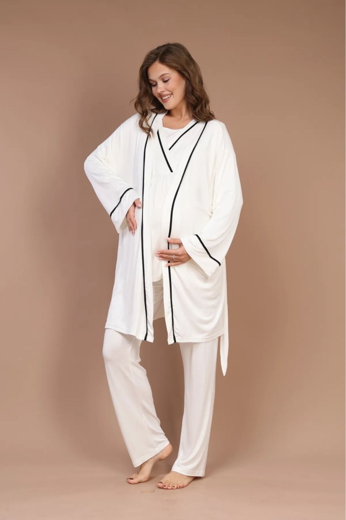 Reyhanlar-Ecru Color 3-Piece Maternity Pajamas Set with Long Sleeves and Dressing Gowns 1