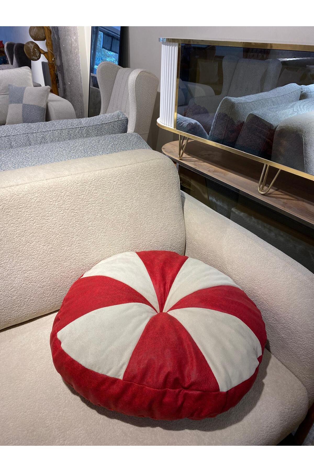 beyzima Yuvarlak Şekerleme Yer Minderi Çift Renk Beyaz Kırmızı Konsept
