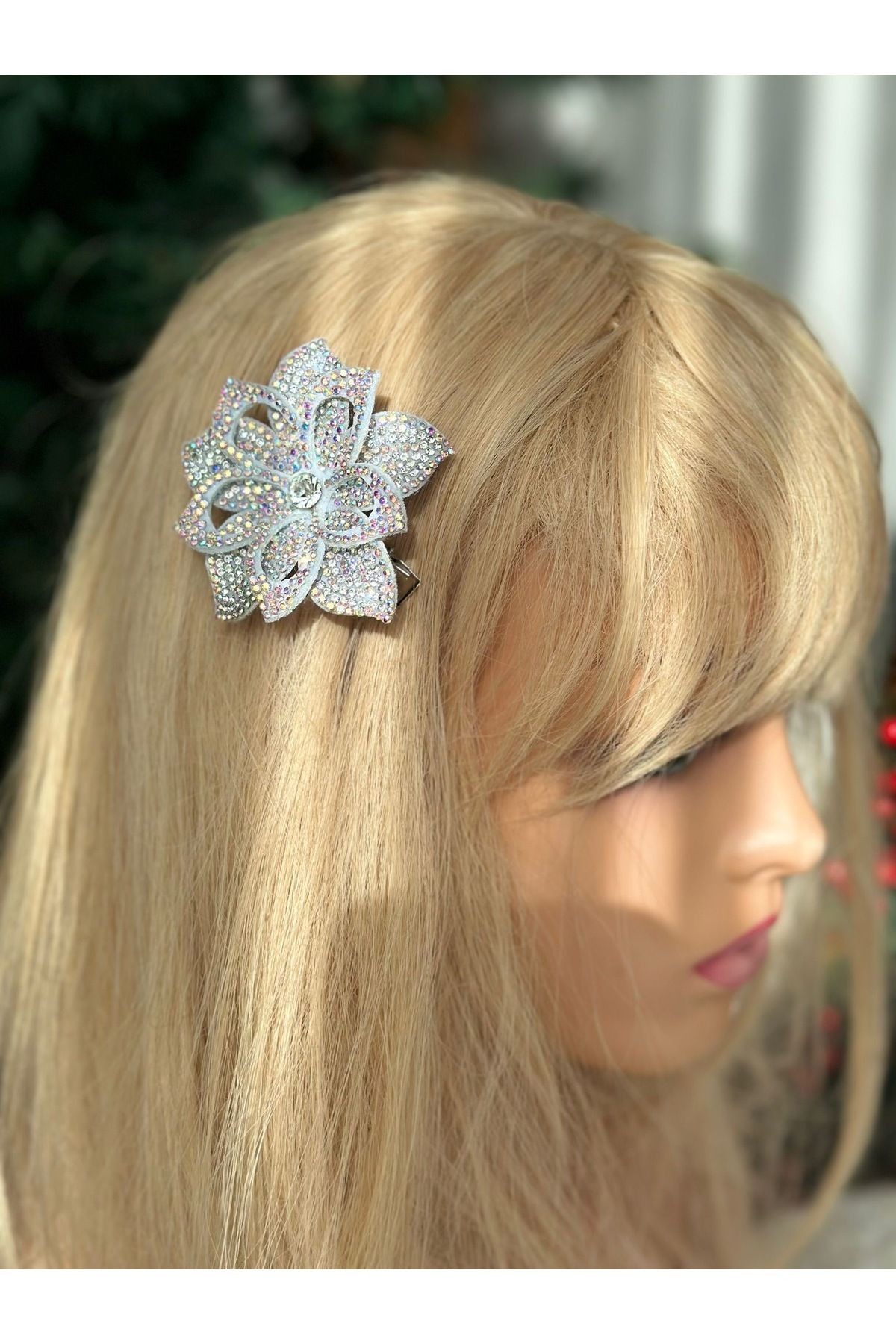 QUEEN AKSESUAR-Grey Hologram Star Flower Lotus with Crystal Stones for Birthday and New Year - Side Clasp with Collet 3