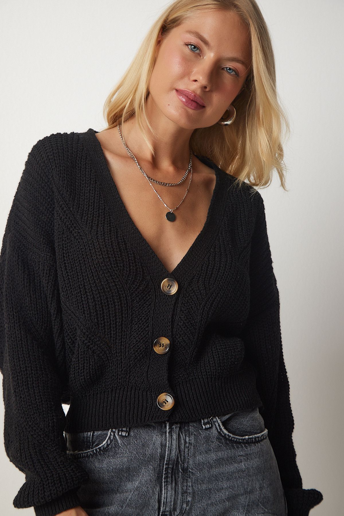 Lovelyİstanbul-V-Neck Orlon Cardigan - Buttons, Black Lmc0034 1