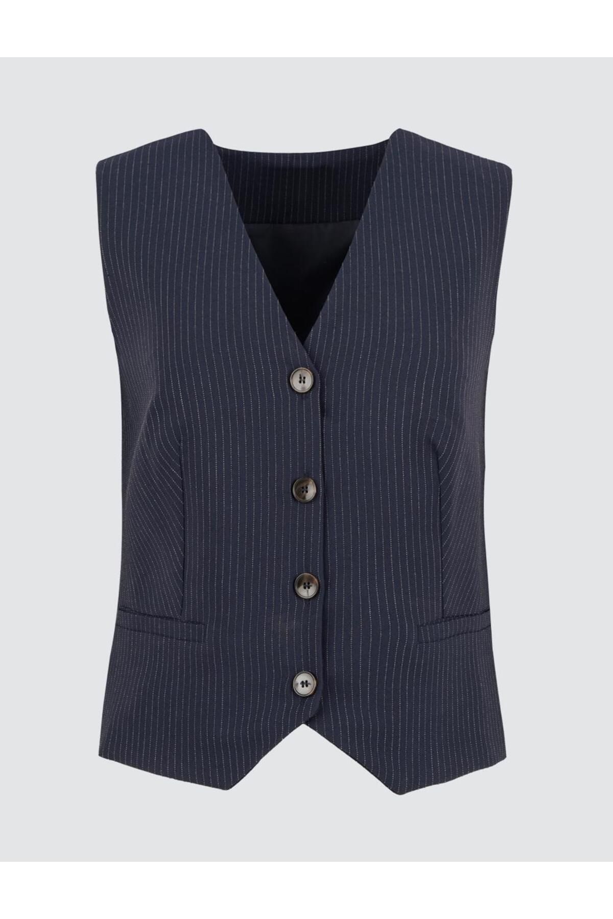 Jimmy Key-Navy Blue Slim Fit V-Neck Stripe Patterned Vest 7